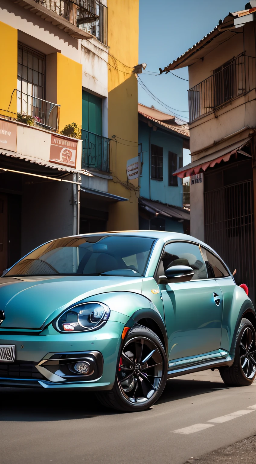 Volkswagen Beetle year 2003 it must be centralized and be the focus of the image, mixing with the design of cars like Volkswagen Polo, Chevrolet Onix Hatch, Ford Ka Hatch but without losing characteristic traits of the Volkswagen Beetle year 2003, and the background that reminds of a Brazilian favela .