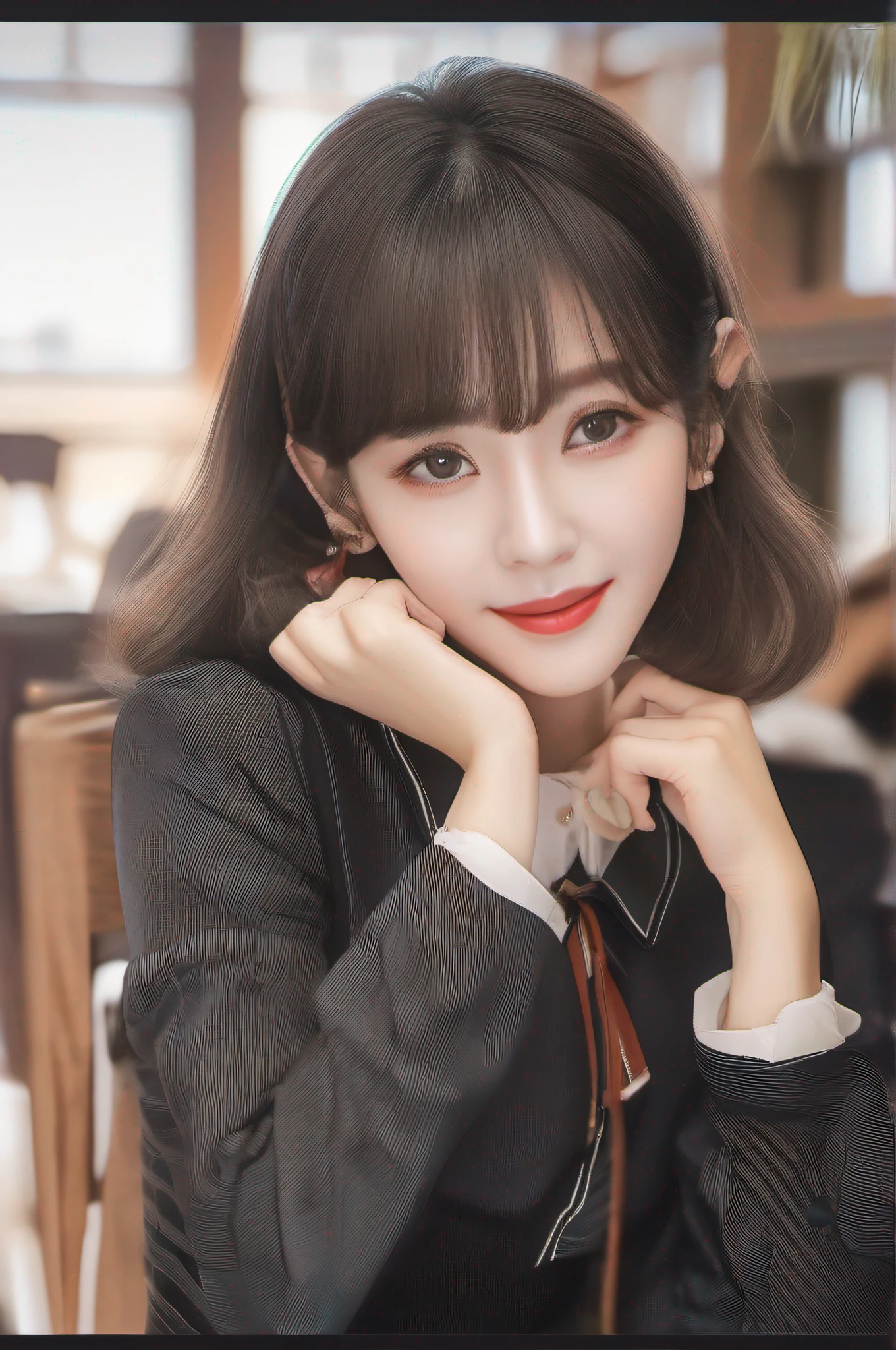 ((1人の女性))、Korean actress sitting at school desk in ruffled skirt and uniform、I'm flipping up my skirt a little to show、(Formula service:1.3)​masterpiece、top-quality、8K、from below looking up、Precise wide eyes、Precise mouth、Precise limbs、the golden ratio、Gravure actress、Full body slender、Sharp face lines、Short-cut hair with bangs