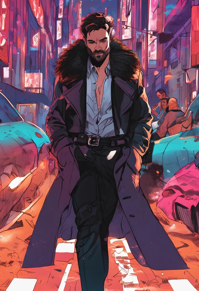 hairy pubic，hyper cute face，Playing card elements on fur，a black trench coat，