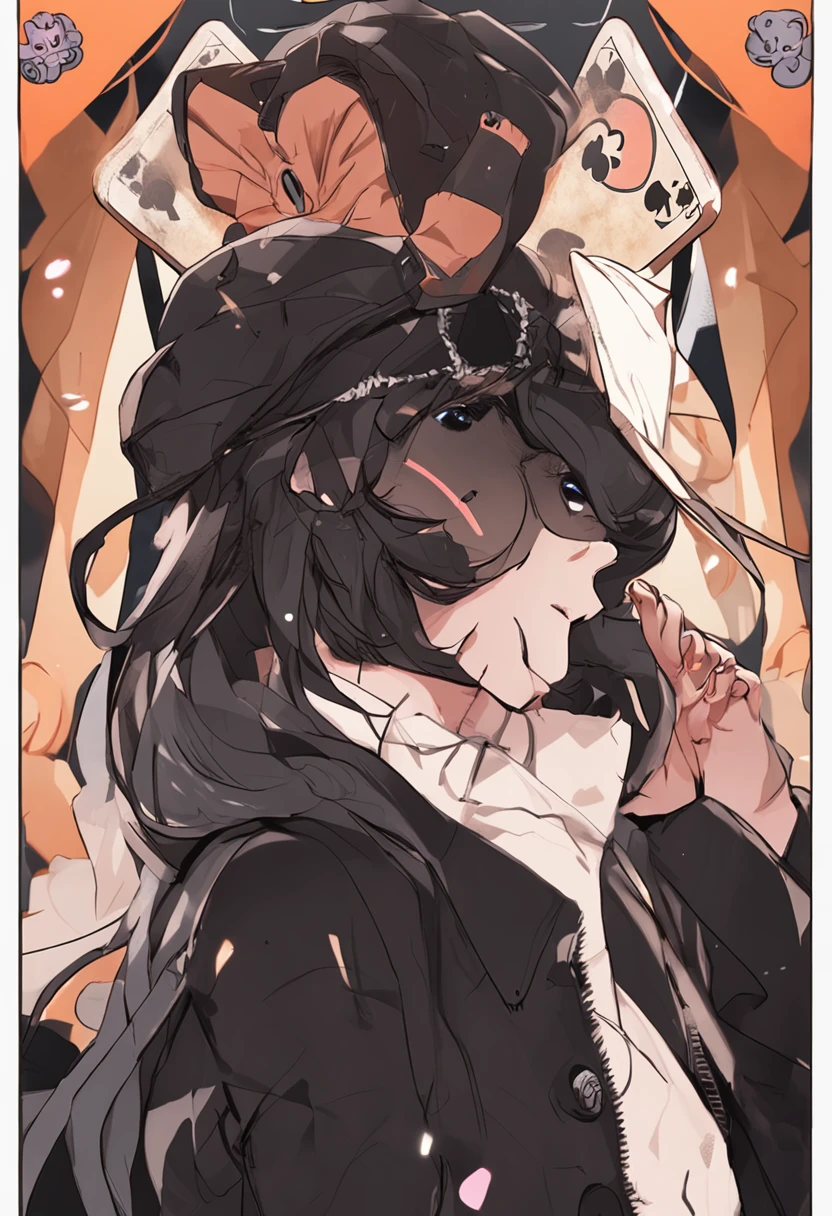 hairy pubic,hyper cute face,Playing card elements on fur,a black trench coat,