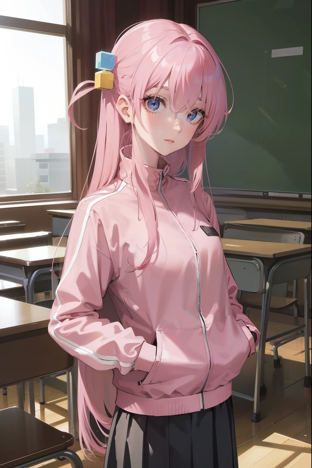 hitorigotou, hitori gotou, blue eyes, cube hair ornament, hair between eyes, hair ornament, pink hair, one side up, long hair,
BREAK black skirt, jacket, long sleeves, pants, pants under skirt, (pink jacket:1.5), pink pants, pleated skirt, skirt, track jacket, track pants, track suit,
BREAK looking at viewer,
BREAK indoors, classroom,
BREAK (masterpiece:1.2), best quality, high resolution, unity 8k wallpaper, (illustration:0.8), (beautiful detailed eyes:1.6), extremely detailed face, perfect lighting, extremely detailed CG, (perfect hands, perfect anatomy),