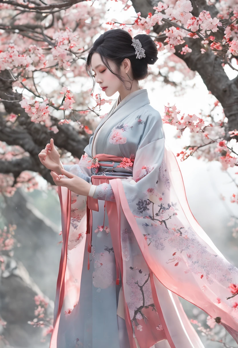 Miss Hanfu,Elegant literature,Fresh and natural,Flowers,The costumes are gorgeous,Exquisite details,Bright soft light,Gentle smile,Pastel tones,The breeze is blowing,Ancient rhyme, holding scissors