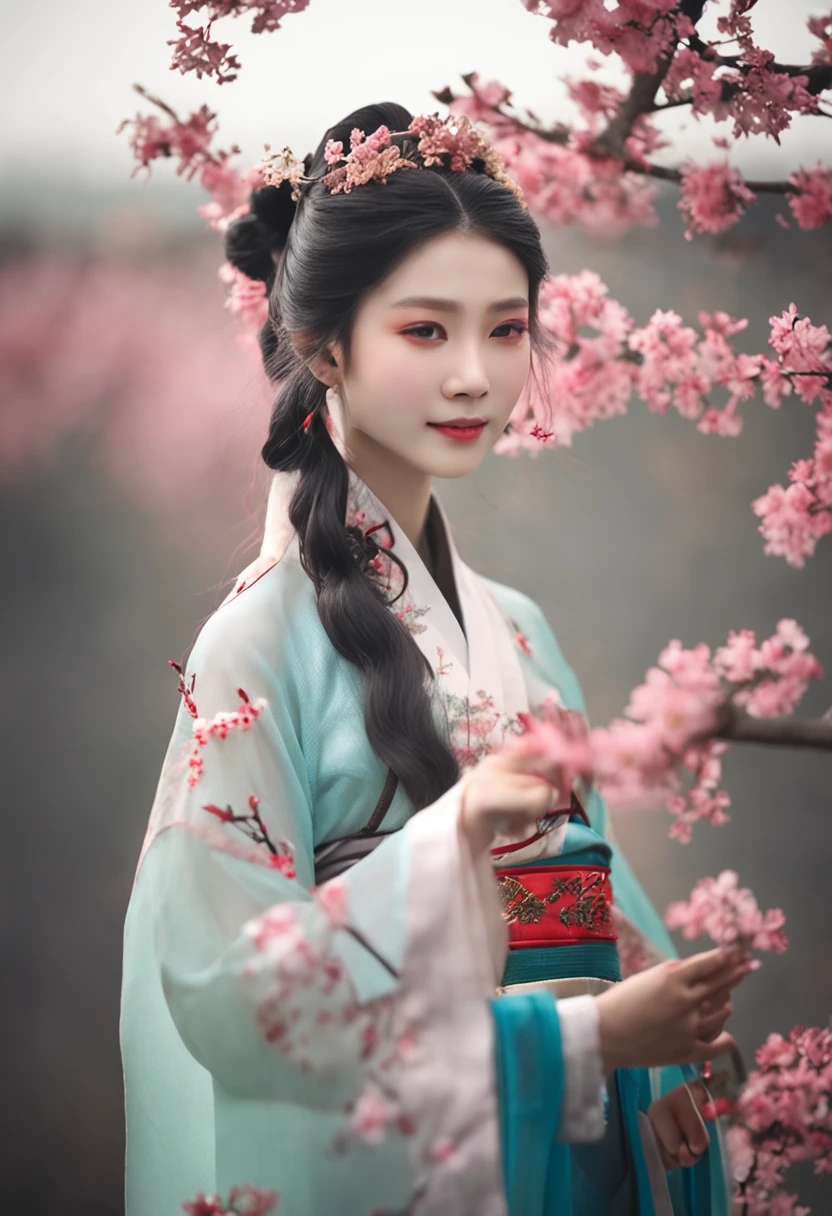Miss Hanfu,Elegant literature,Fresh and natural,Flowers,The costumes are gorgeous,Exquisite details,Bright soft light,Gentle smile,Pastel tones,The breeze is blowing,Ancient rhyme, holding scissors