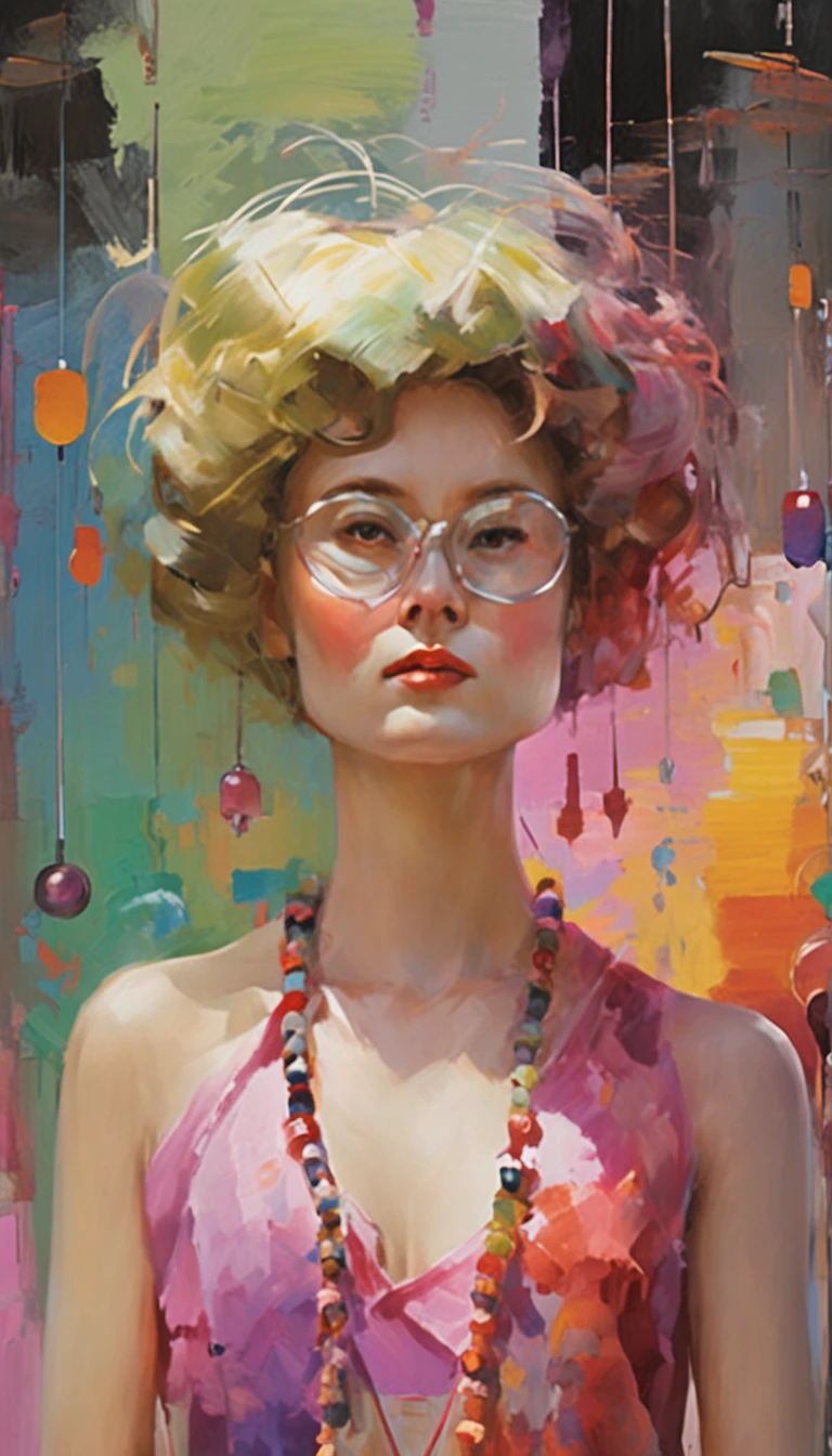 ((Yukata)),eye glass,innocent smiles,ancient city,veranda,wind chime,(1girl in, Solo:1.6),(Best Impact:1.5), (maximalism:1.7),Vivid contrast, (Realistic), hyperrealistic illustrations, hight resolution, ultra-detailliert, absurderes,(Fractal Art:1.3)、Random hairstyle、Random hair color colorful、Iridescent eyes、FULL BODYSHOT、Retro、Precise focus、randome pose、cinema4d、Drama