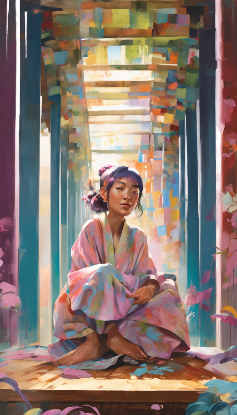 ((Yukata)),eye glass,innocent smiles,ancient city,veranda,wind chime,(1girl in, Solo:1.6),(Best Impact:1.5), (maximalism:1.7),Vivid contrast, (Realistic), hyperrealistic illustrations, hight resolution, ultra-detailliert, absurderes,(Fractal Art:1.3)、Random hairstyle、Random hair color colorful、Iridescent eyes、FULL BODYSHOT、Retro、Precise focus、randome pose、cinema4d、Drama