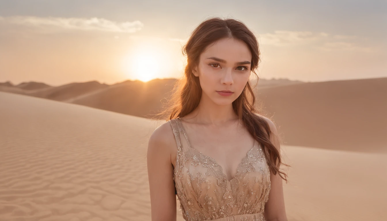 the setting sun,A desert,rays of sunshine,Clouds,Contre-Jour,Beautiful girl in long dress,8K high-definition,RAW format,The light and shadow are delicate,detail-rich,。