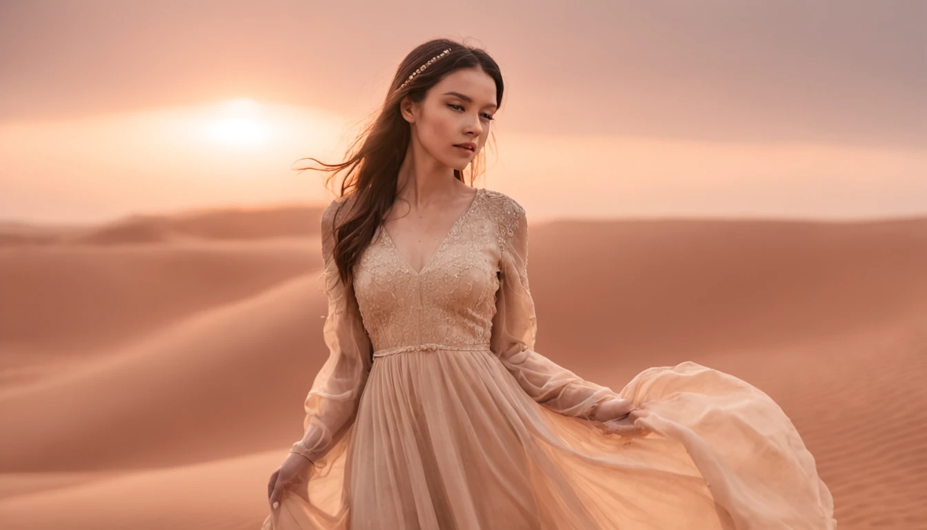 the setting sun,A desert,rays of sunshine,Clouds,Contre-Jour,Beautiful girl in long dress,8K high-definition,RAW format,The light and shadow are delicate,detail-rich,。