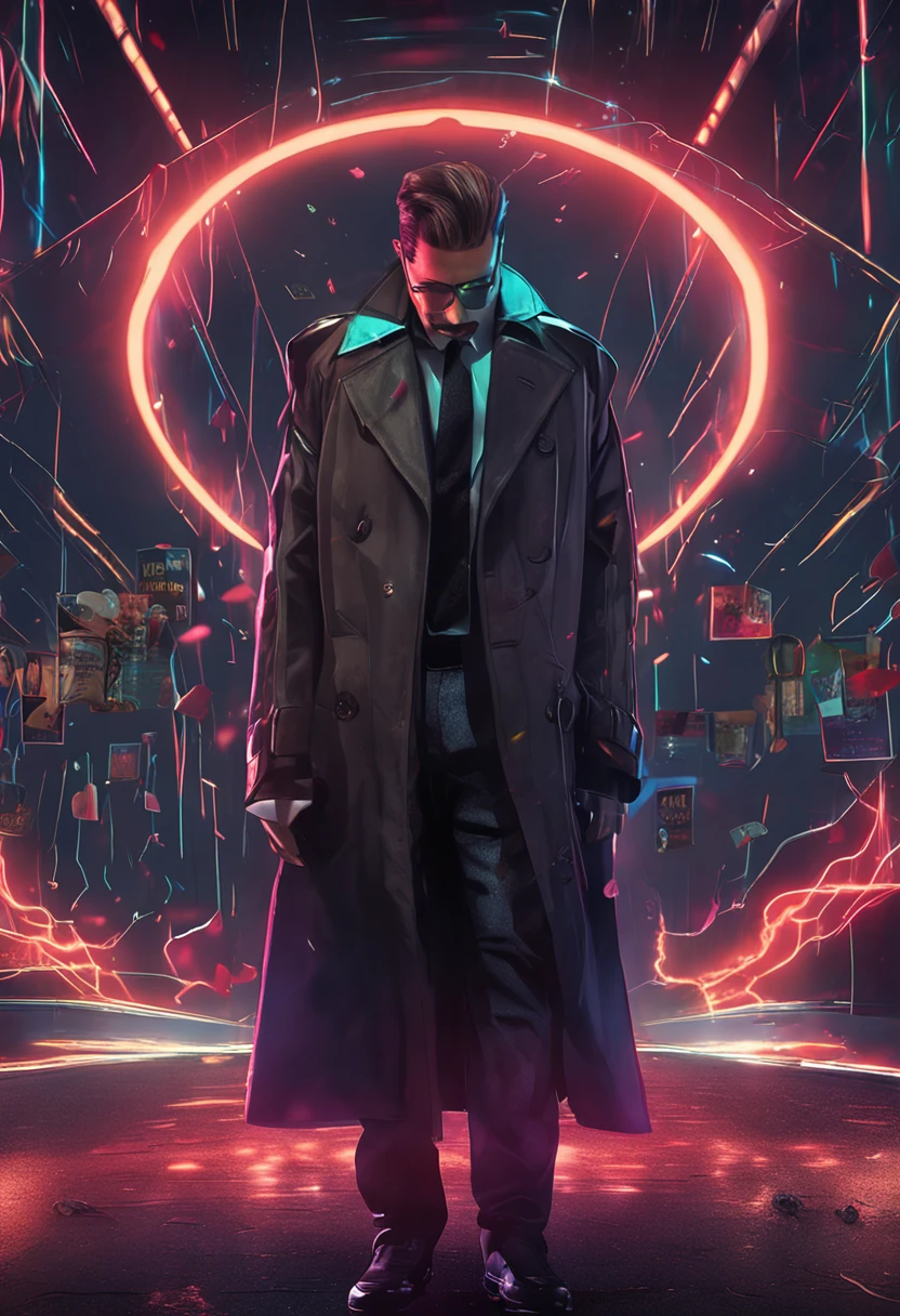 hairy pubic,hyper cute face,Playing card elements on fur,a black trench coat,ambient lights,volumettic light