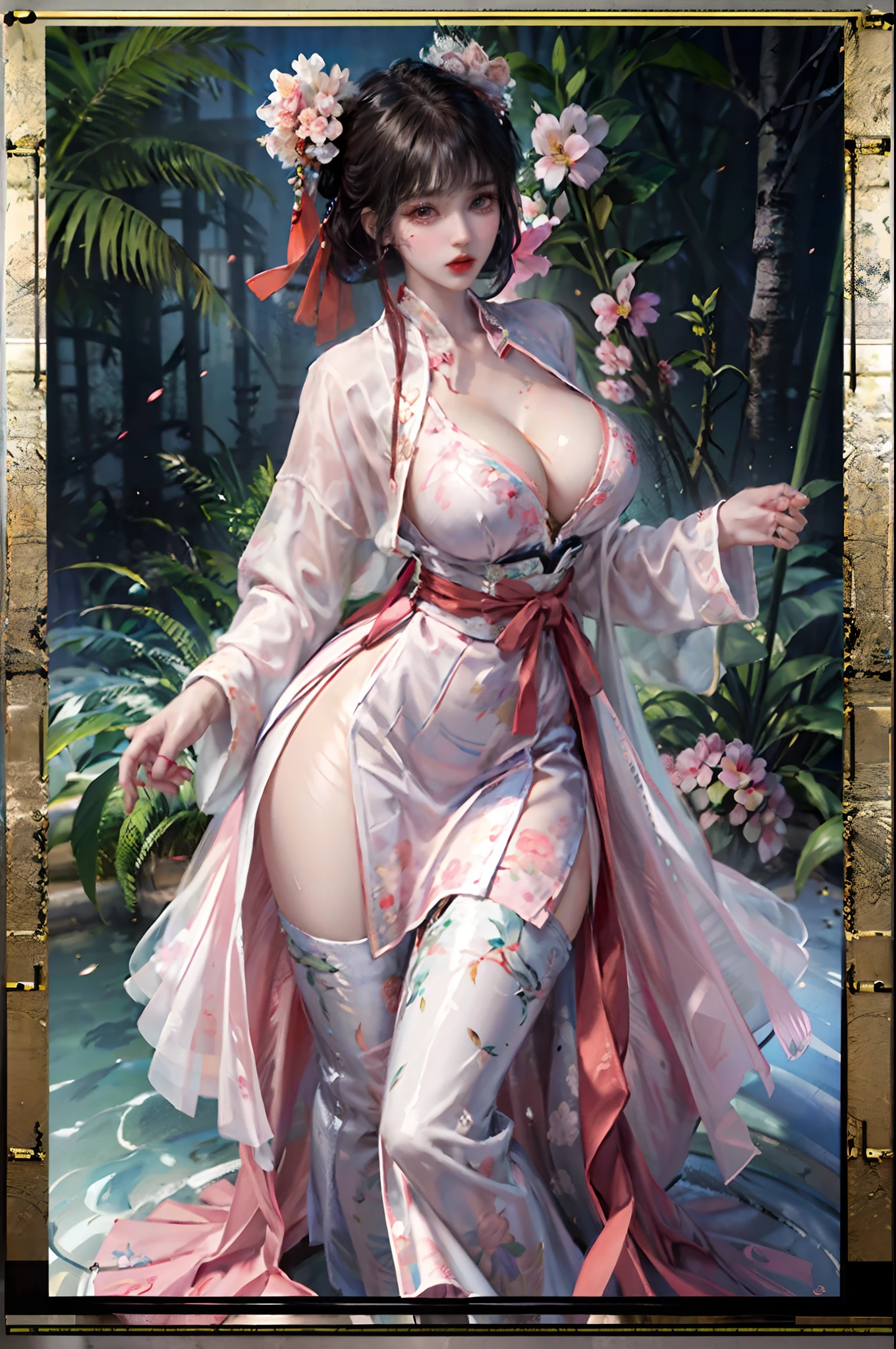(masterpiece), best quality, highres, (hyperrealistic), 8k, Detailed Illustration, intricate detail,
looking at viewer,(make up),(slender body:1.5),(Gigantic Breasts:1.6),gyaru,young,(huge ass),(underbust:1.4),(tight),(Full body),
1girl,(hanfu),(floral print),(pink shirt),(pink long skirt),(long sleeves),