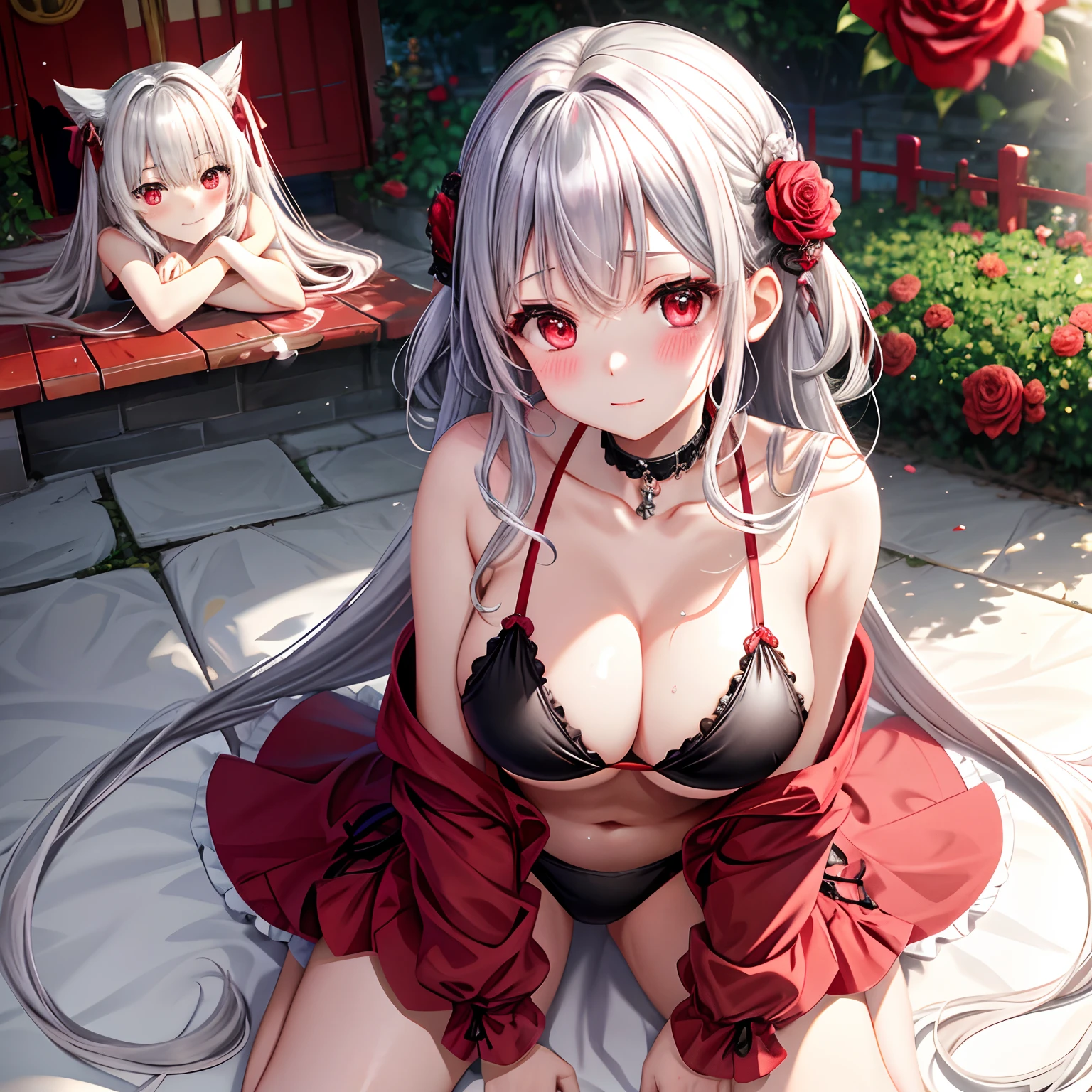 red blush、Wavy silver hair、red eyes、Beautiful girl alone、animesque、独奏、Black Bikini、A sexy、gravure、rose garden、lonely、