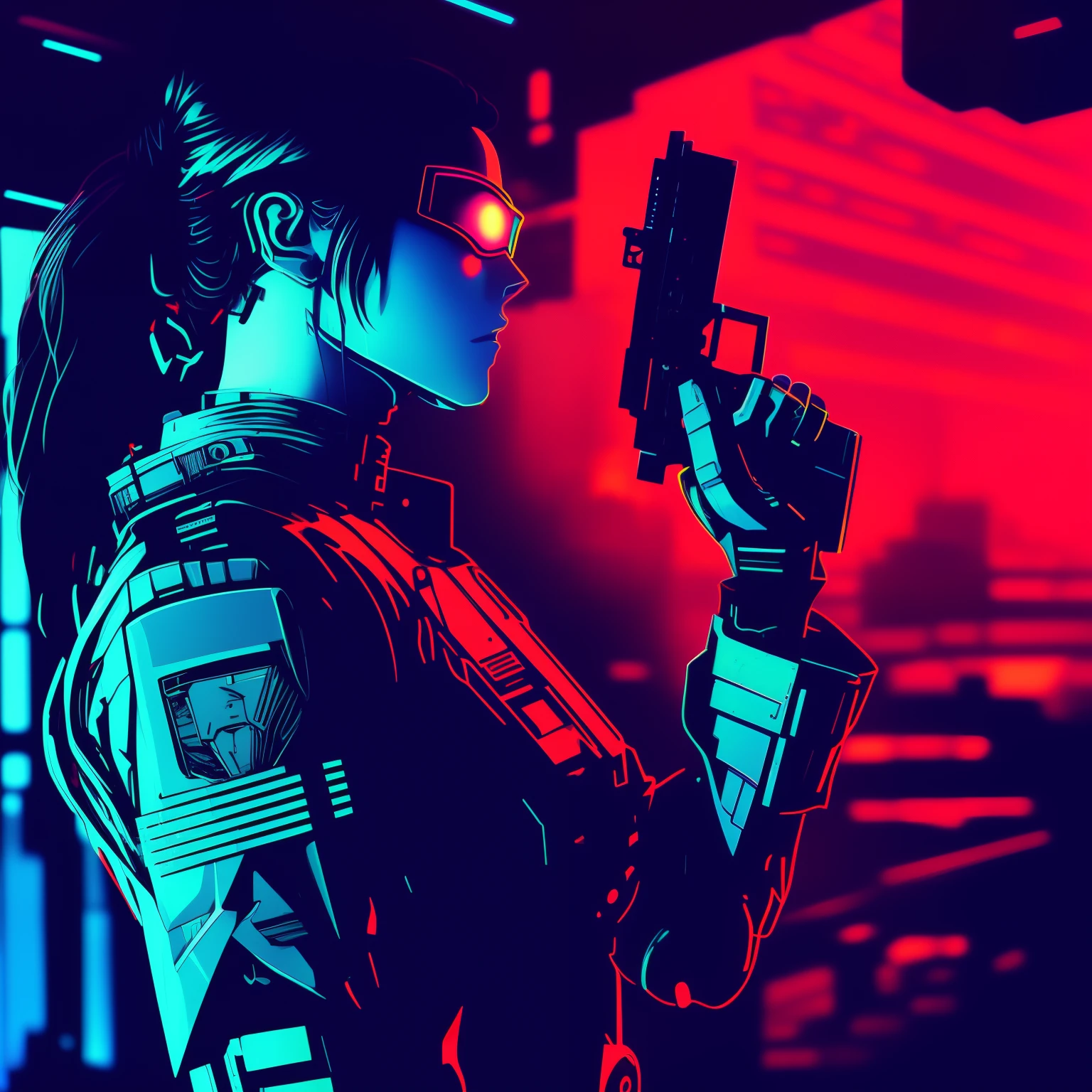 anime, garota, arma, vermelho, azul, preto, neon light, Ciber, Cyber menina, estilo de arte Ciberpunk, arte digital Ciberpunk, sombreamento Ciberpunk, estilo de arte Ciberpunk, Cyberpunk Theme Art, arte de anime Ciberpunk, Arte Cyberpunk, arte Ciberpunk de alta qualidade, Ciberpunk cores vibrantes, Cyberpunk with neon lighting, Anime Ciberpunk moderno, arte Ciberpunk anime, Ciberpunk neon