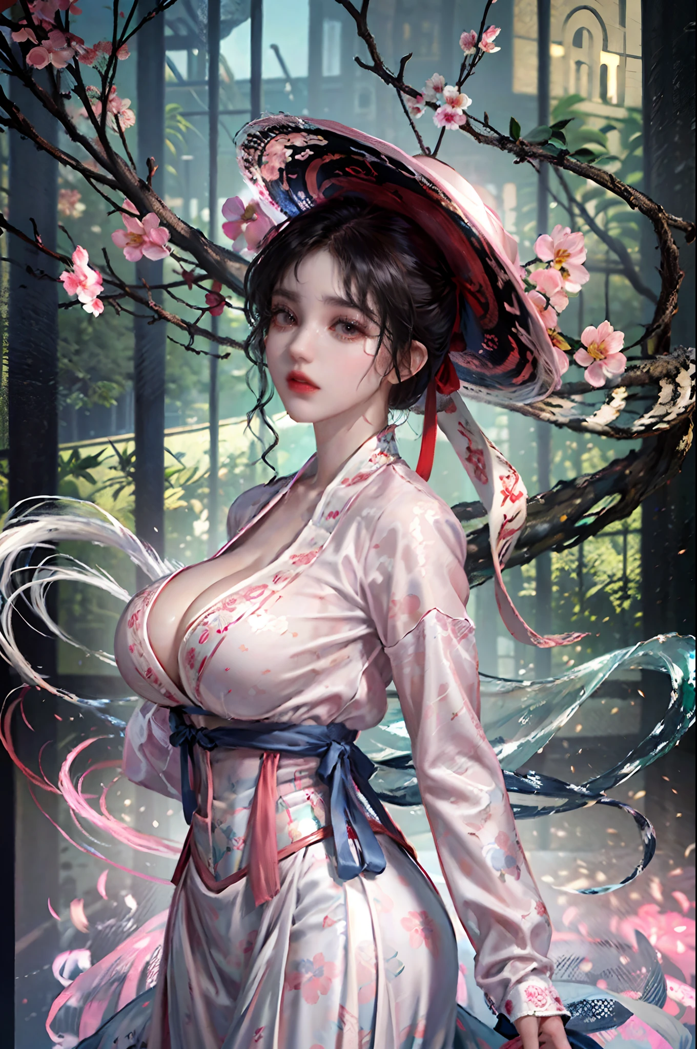 (masterpiece), best quality, highres, (hyperrealistic), 8k, Detailed Illustration, intricate detail,
looking at viewer,(make up),(slender body:1.5),(Gigantic Breasts:1.6),gyaru,young,(huge ass),(underbust:1.4),(tight),(Full body),
1girl,(hanfu),(floral print),(pink shirt),(pink long skirt),(long sleeves),