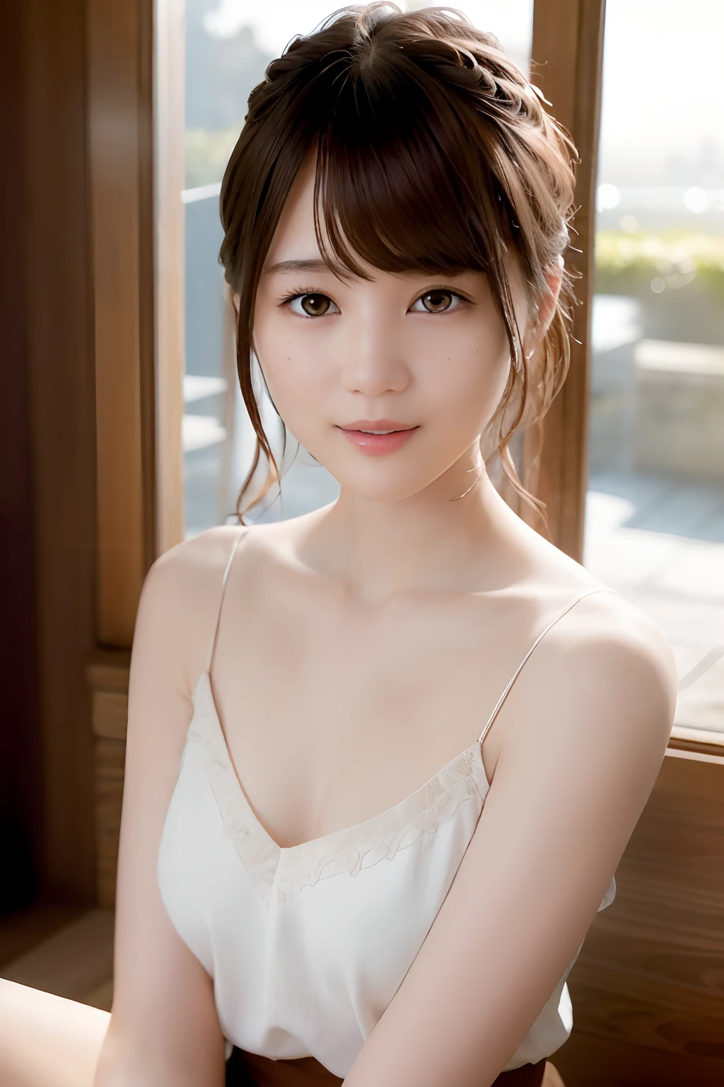 (skin blemish:1), (skindentation), black eye, 1women, 23yo, (((woman))), solo, realistic,  best quality, photorealistic, masterpiece, 8k, high res, solo, extremely detailed face,  (professional lighting, bokeh), (light particles, lens flare, glowing particles:0.6), (dynamic pose:1.2), soft lighting, top angle view, fashionable and trendy atmosphere, japan, kyoto ((morning)), ((looking at the viewer)), (looking at the camera),(portrait:0.6), gorgeous, kneeing, keep original facial proportion,  full body,  (small breast),  (medium hair), slim body,  long face,  (brown hair:1.5), floating hair, lips, lipstick, seductive smile, teeth, smile, nogizaka46, uniform,