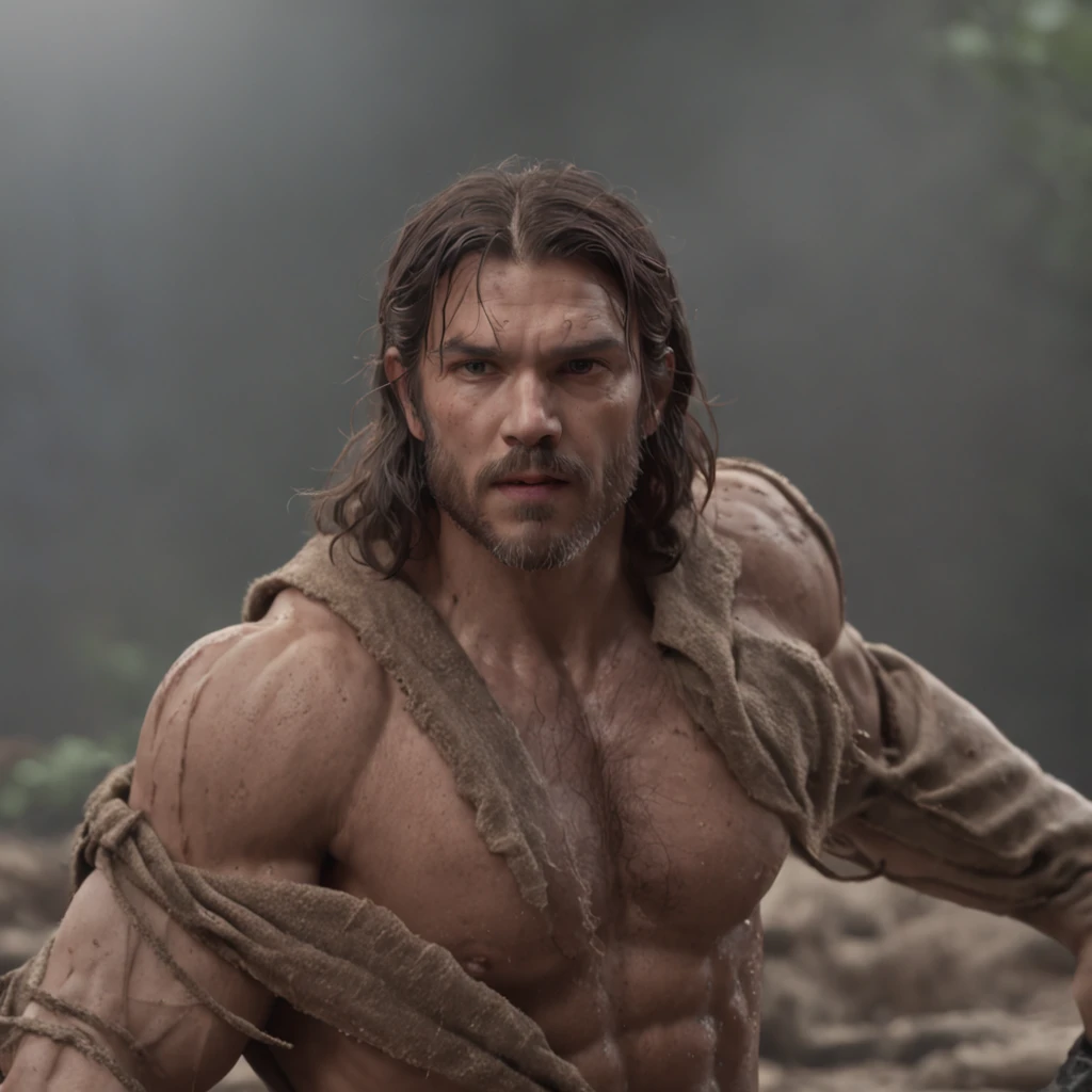 (Professional 3D rendering:1.3) de (Realistic:1.3) Foto de arte mais bonita do mundo,Features soft, bright male heroes, ((Epic hero fantasy rough muscular man wet hero angry look long hair short beard and fierce expression in dynamic pose, fantastic location, majestoso ambiente desordenado)), corpo inteiro 8k unidade render, action shot, poros da pele, very dark lighting, sombreamento pesado, circunstanciado, Rosto detalhado, (vibrante, fotogrdeia realista, Realistic, Dramatic, Escuro, foco nítido, 8k), (Old leather clothes damaged by bad weather:1.4), ((((Use peles)))), (intrincado:1.4), decadente, (altamente detalhado:1.4), pintura digital, rendering by octane, art stations, Conceito-Arte, liso, foco nítido, illustration, germe da arte, (Loish:0.23), Wlop Ilya Kuvshinov, e Greg Rutkowski e Alphonse Mucha Gracias, (global ilumination, studiolight, Light Volumetric), chuva forte, floating particles, patife, fantasia, Onze, corpo inteiroesbian, ((Fundo escuro e antigo da cidade:1.3)),CGSesociedade,art stations