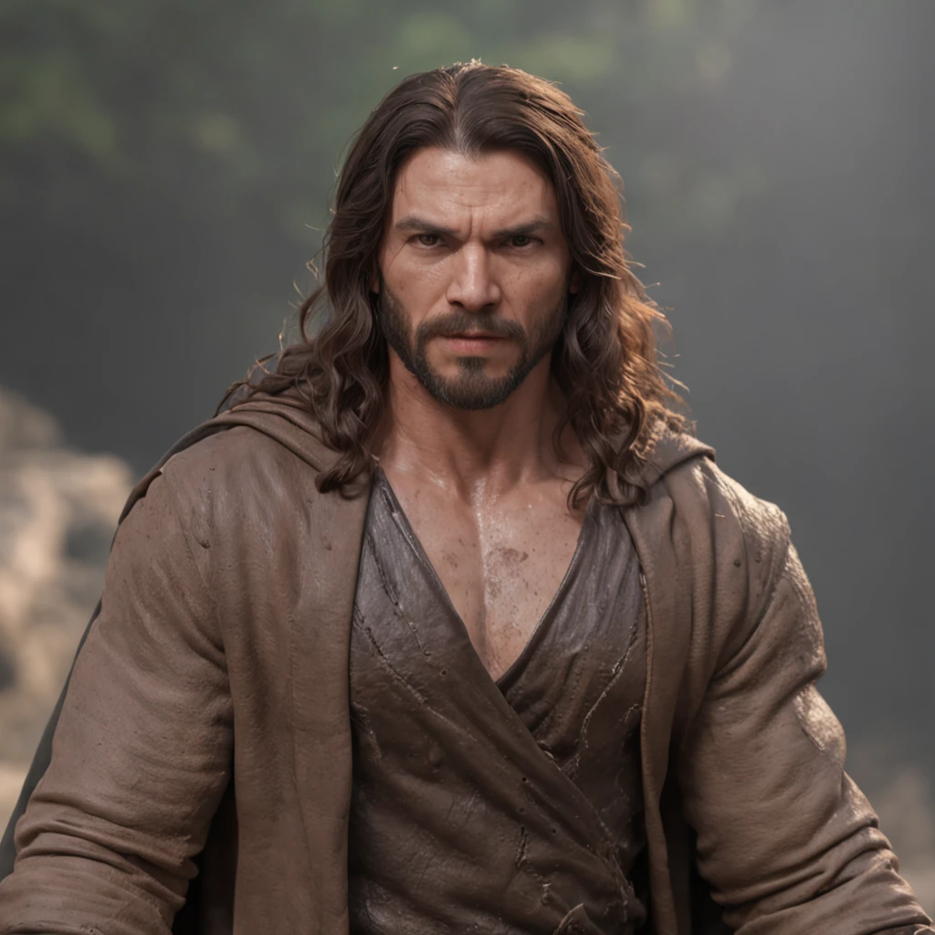 (Professional 3D rendering:1.3) de (Realistic:1.3) Foto de arte mais bonita do mundo，Features soft, bright male heroes, ((Epic hero fantasy rough muscular man wet hero angry look long hair short beard and fierce expression in dynamic pose, fantastic location, majestoso ambiente desordenado)), corpo inteiro 8k unidade render, action shot, poros da pele, very dark lighting, sombreamento pesado, circunstanciado, Rosto detalhado, (vibrante, fotogrdeia realista, Realistic, Dramatic, Escuro, foco nítido, 8k), (Old leather clothes damaged by bad weather:1.4), ((((Use peles)))), (intrincado:1.4), decadente, (altamente detalhado:1.4), pintura digital, rendering by octane, art stations, Conceito-Arte, liso, foco nítido, illustration, germe da arte, (Loish:0.23), Wlop Ilya Kuvshinov, e Greg Rutkowski e Alphonse Mucha Gracias, (global ilumination, studiolight, Light Volumetric), chuva forte, floating particles, patife, fantasia, Onze, corpo inteiroesbian, ((Fundo escuro e antigo da cidade:1.3)),CGSesociedade,art stations