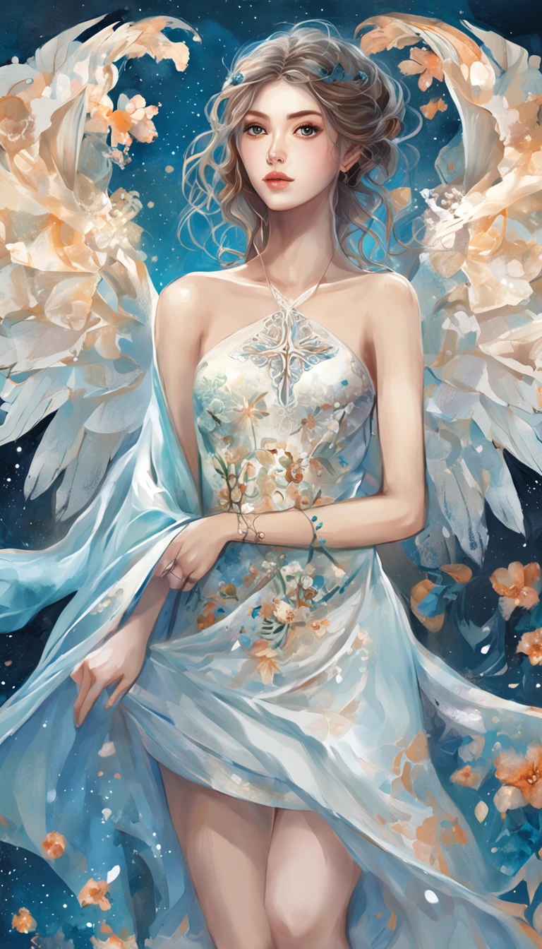 ((from below)), ((knee shot)), ((cross legged)), ((realistic)), Beautiful young girl, Sexy goddess, slender leg, cold light, the night, starrysky, (Skirt, One shoulder, Floral, Lots of patterns), (cyan colors, white colors), Detailed scenes, Beautiful digital illustration, the detail，Hyper-detailed, (correct hand, beautiful hand), (Solve the problem correctly), (best qualtiy，tmasterpiece)