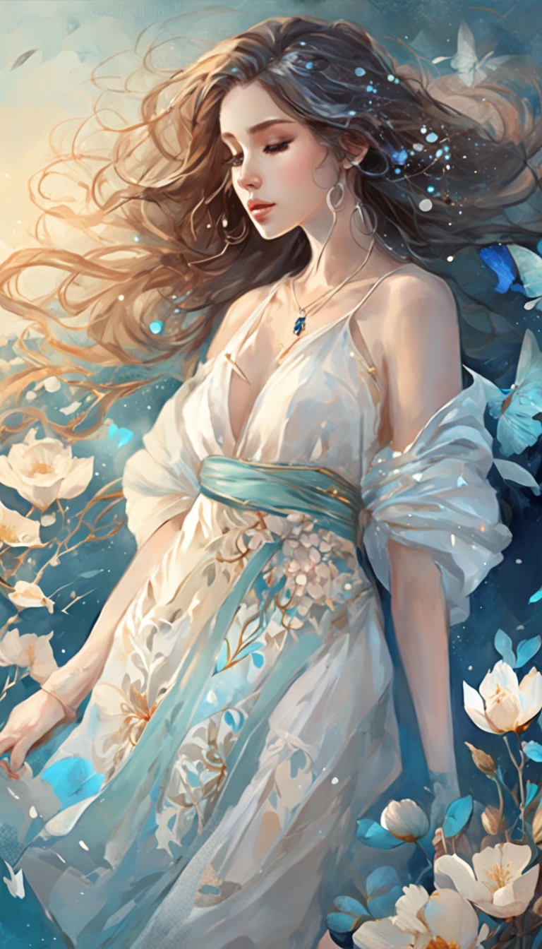 ((from below)), ((knee shot)), ((cross legged)), ((realistic)), Beautiful young girl, Sexy goddess, slender leg, cold light, the night, starrysky, (Skirt, One shoulder, Floral, Lots of patterns), (cyan colors, white colors), Detailed scenes, Beautiful digital illustration, the detail，Hyper-detailed, (correct hand, beautiful hand), (Solve the problem correctly), (best qualtiy，tmasterpiece)