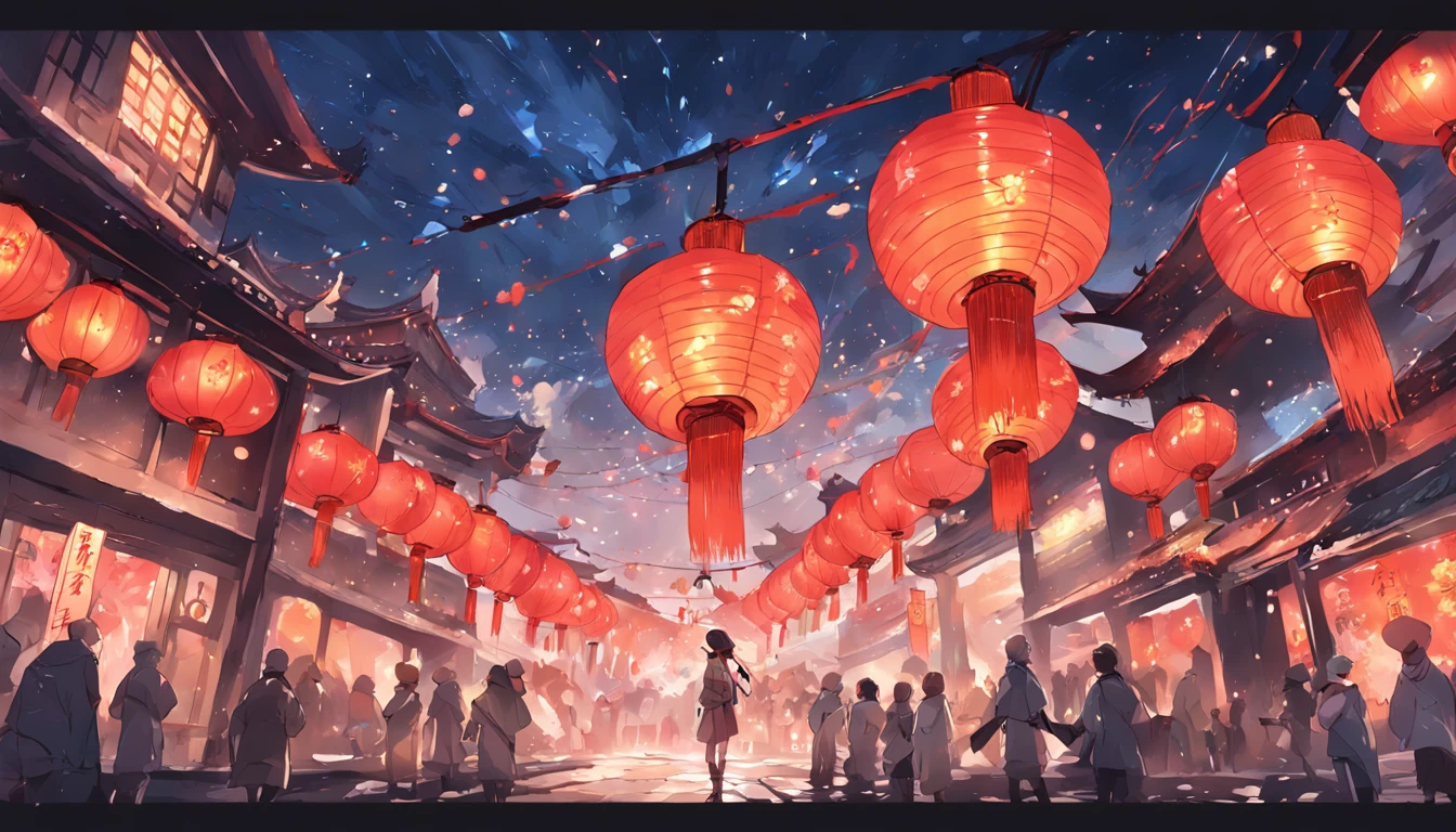 New Year,Chinese-style town,nigh sky,Decorations,Chinese lanterns are hung,fire works,There are no characters,No Man,No Man,no people