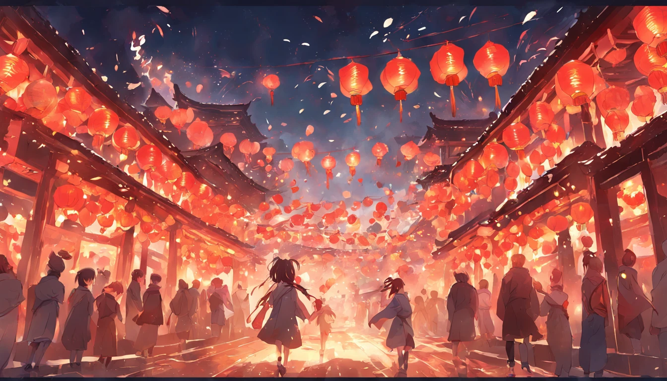New Year，Chinese-style town，nigh sky，Decorations，Chinese lanterns are hung，fire works，There are no characters，No Man，No Man，no people