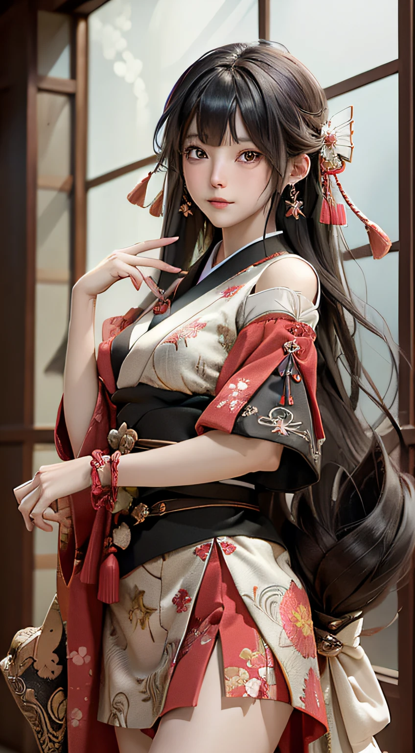 Official art, 统一 8k 壁纸, ultra-detailliert, Beautifully Aesthetic, masterpiece, top-quality, (Zentangle, Tangles, Entanglement), (Fractal Art: 1.4), 1girl in, A dark-haired, japanse, bare shoulders, a short skirt, Calf, ighly detailed, dynamic ungle, cowboy shot, (The most beautiful forms of chaos), A flowing, (bright colour), nffsw, (half: 1.2), japanese-inspired, (Tanka Flying Sky: 1.5), (bow ribbon: 1.3), (Dreams: 1.5), (A Japanese style: 1.5), Japan Phoenix、(A smile:0.5)、(japanese god)、