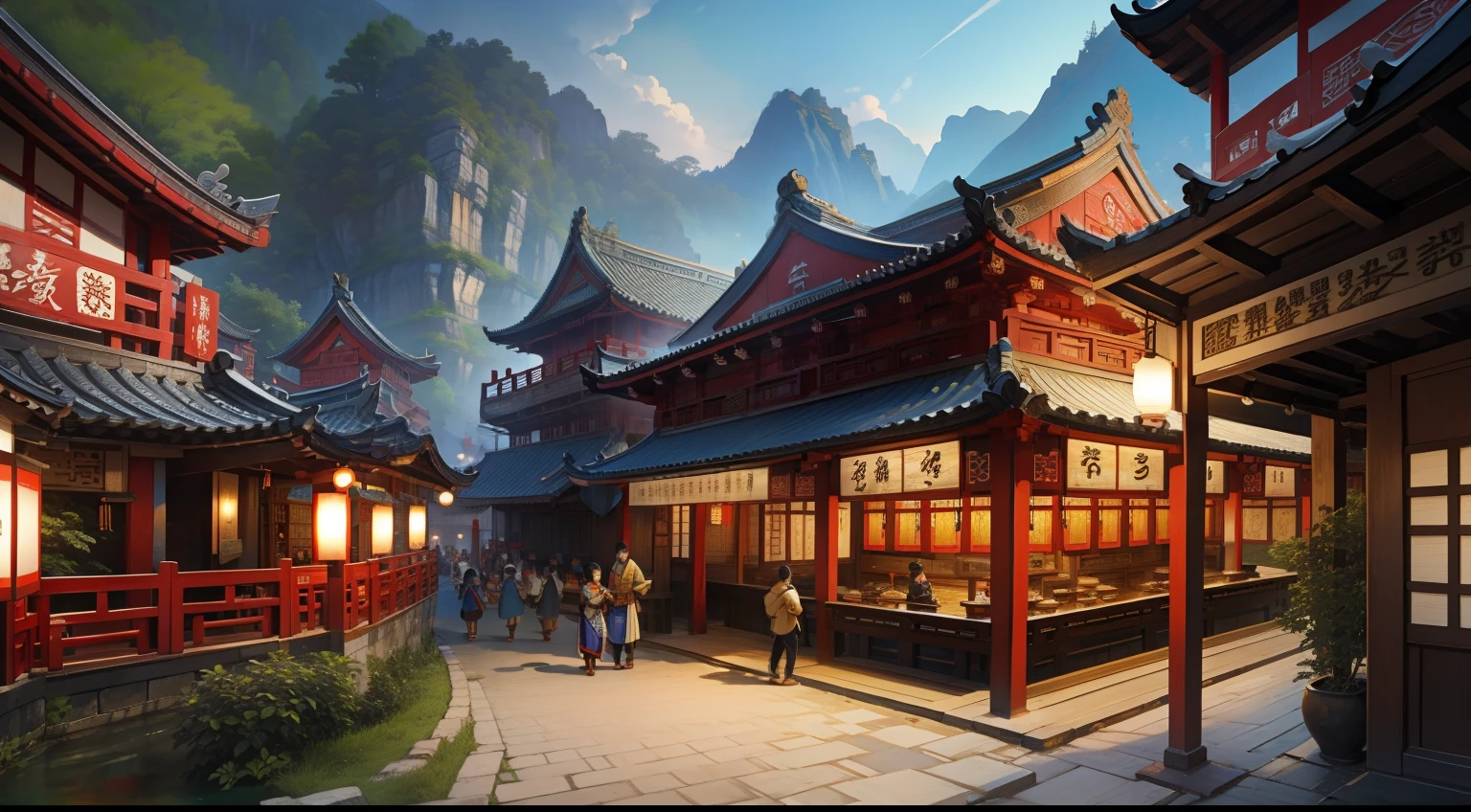 Qingming upper river diagram style，Tang Dynasty architecture。wooden，Tang Dynasty people's street，restaurant，full of people，The streets are full of traffic，Picture scroll style，Top-down view，Delicatessen，4K,