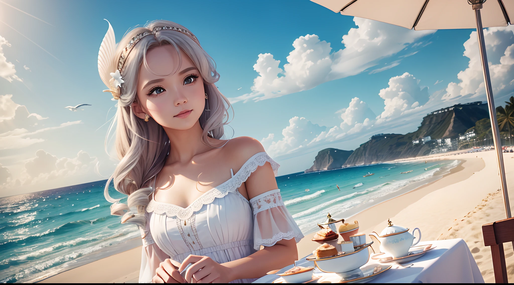 Have by the sea, rays of sunshine, sandbeach, calm seas, seagulls, sea shell, largeeyes, [(draft, (one girl:1.5))::0.5], [(at an afternoon tea party)], (medium shot:1.5), extremely detailed CG, (luxurious hair ornament), floating hair, top_sleeves, masterpiece, UHD, retina, ccurate, masterpiece, anatomically correct, textured skin, super detail, high quality, high details, award winning, best quality, highres, 4K  [[beautiful detailed red eyes:0.5]::0.7] [[white and silver hair: 0.5]::0.7] [red hair:0.7] [[graceful full dress:0.5]::0.8] [delicate hands:0.8]