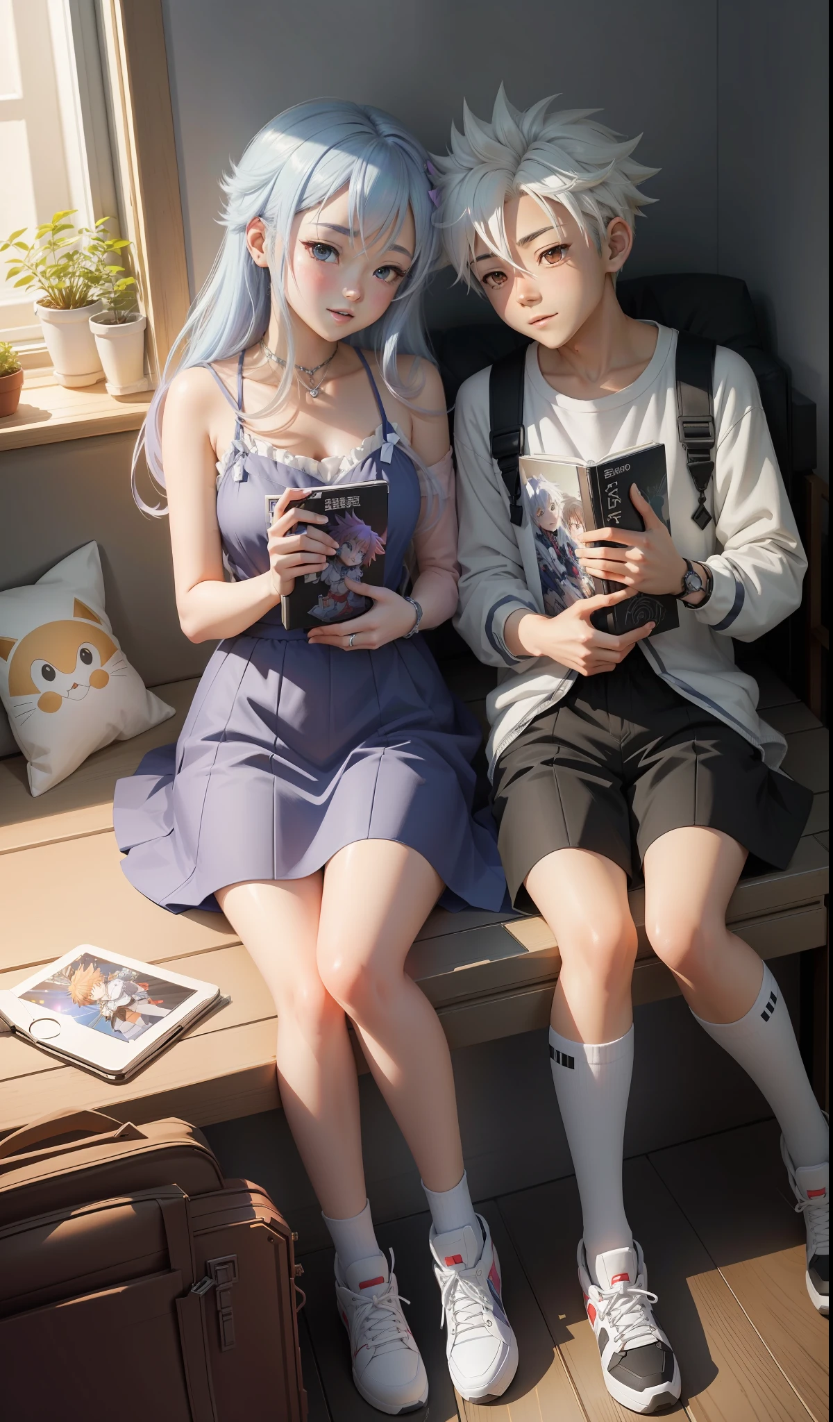(Scene: Anime lovers Sora and Shiro are spending quality time together. They are (watching anime)+(discussing anime)+(creating anime fan art). They are filled with joy and deeply in love.)