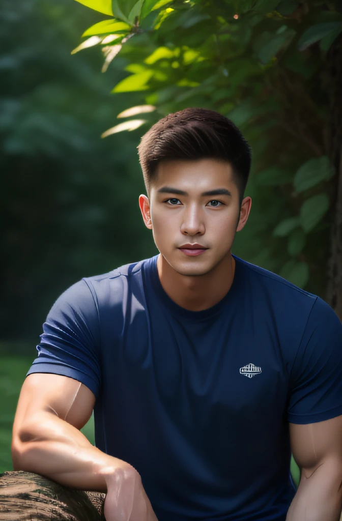 Man in his 20s poses for a photo, Wear a navy shirt....., high-res, master-piece, bestquality, head:1.3,((Hasselblad photography)), finely detailed skin, crisp focus, (Cinematic lighting), nighttime, gentle lighting, dynamic angle, [:(detailed face:1.2):0.2],(((exercise))), outside