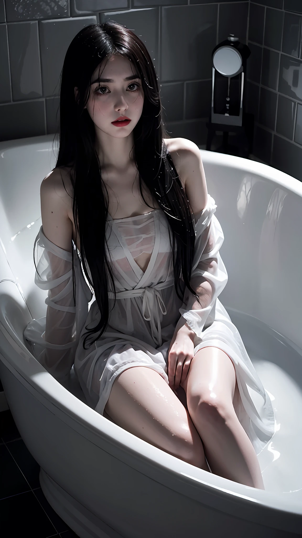 Pale ghost drowned girl (Sarah Highland) lying in a large tub with blood, in a dark dirty bathroom, Wear short transparent dressing gowns,The body and head are completely covered by a long transparent shroud, wet black hair, almond-sparkling red eyes, facial expression of sadness, Tears, Red lips, Thick eyebrows, Whole body