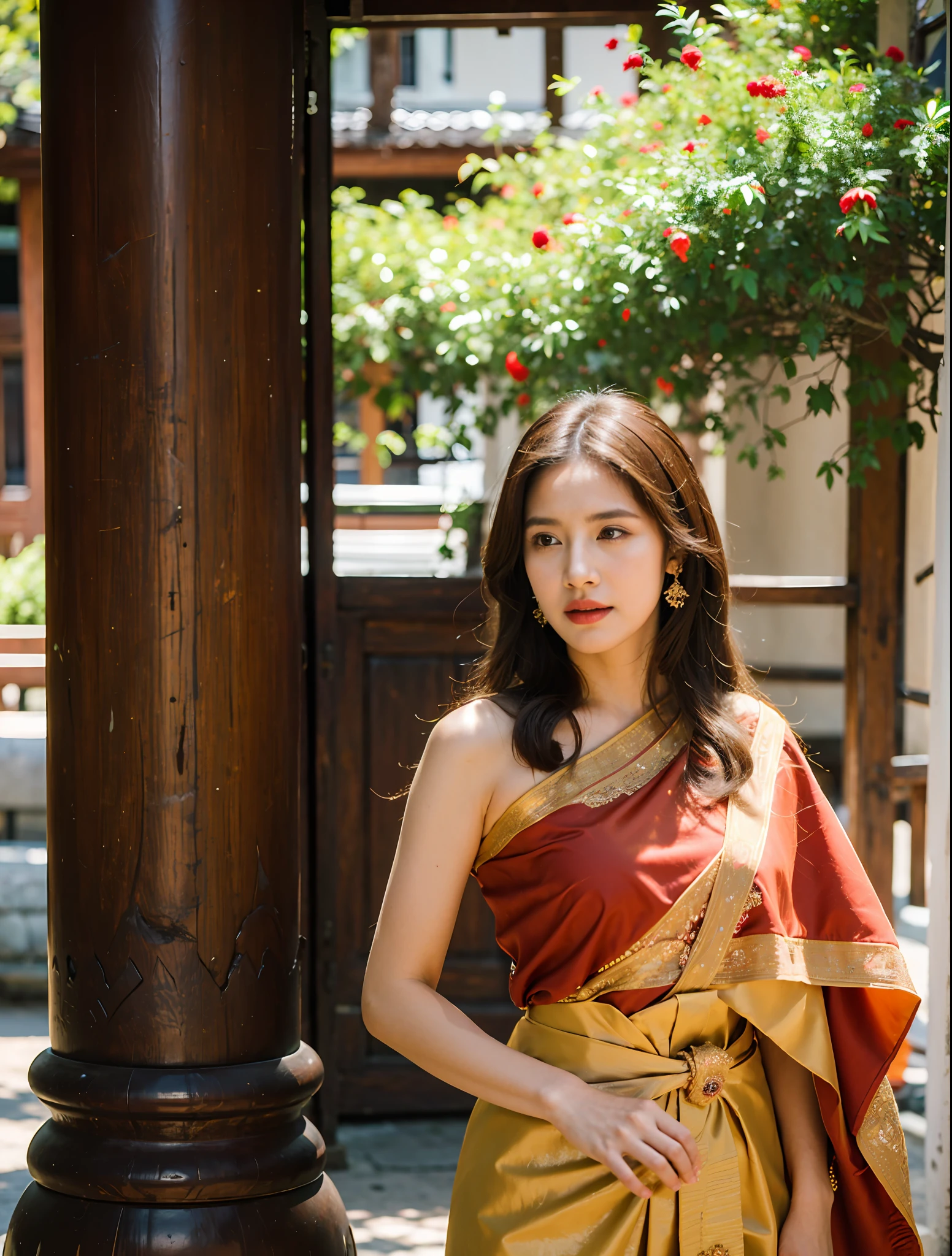 (8k,masterpiece,hi ultra res, realistic :1.3), best quality, portrait , realistic, focus face, 1  woman, brown long hair, thai traditional dress , ( red sabai:1.2), temple background, (breeze:1.2),(sun lighting:1.2)