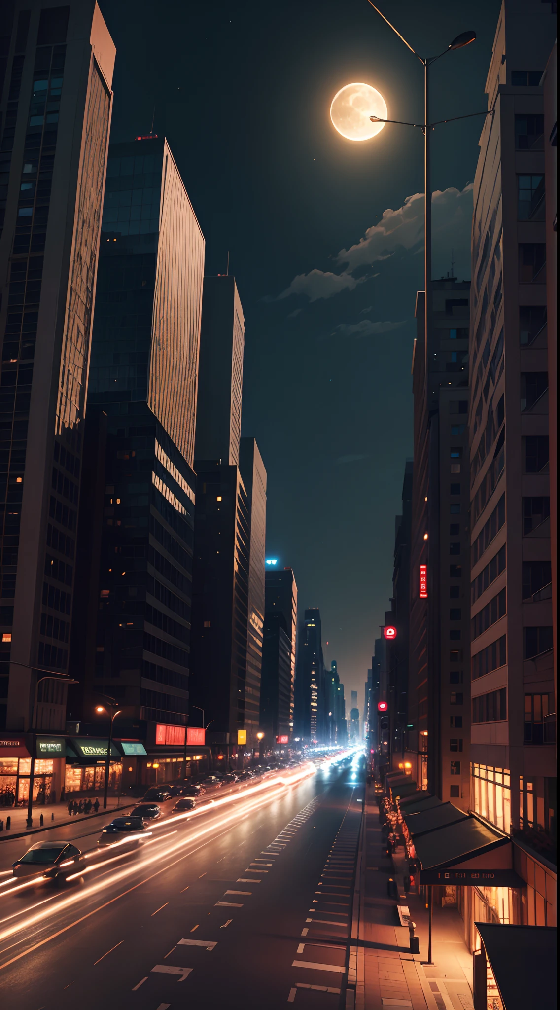 city night scene，Bustling，optic，shadowy，Award-Awarded，themoon，Ultimate beauty，8K，Wallpapers，neonlight，Heavy traffic，Ultimate detail