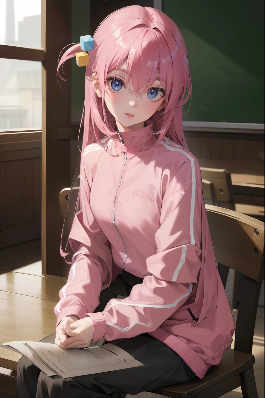 Miyakoshikimori, Miyako Shikimori, Cabello largo, ojos azules, pelo entre los ojos, cabello rosado,
Mangas largas QUEBRAR, chaqueta, Camisa blanca, Cola de caballo lateral, chaqueta azul, Chaqueta de atletal, tracksuit,
DESCANSO mirando al espectador,
DESCANSO en interiores, Classroom,
QUEBRAR (Obra maestra:1.2), La mejor calidad, High resolution, Unidad 8K Fondo de pantalla, (illustration:0.8), (hermosos ojos detallados:1.6), Cara extremadamente detallada, Perfect lighting, CG extremadamente detallado, (Manos perfectas, Perfect anatomy),