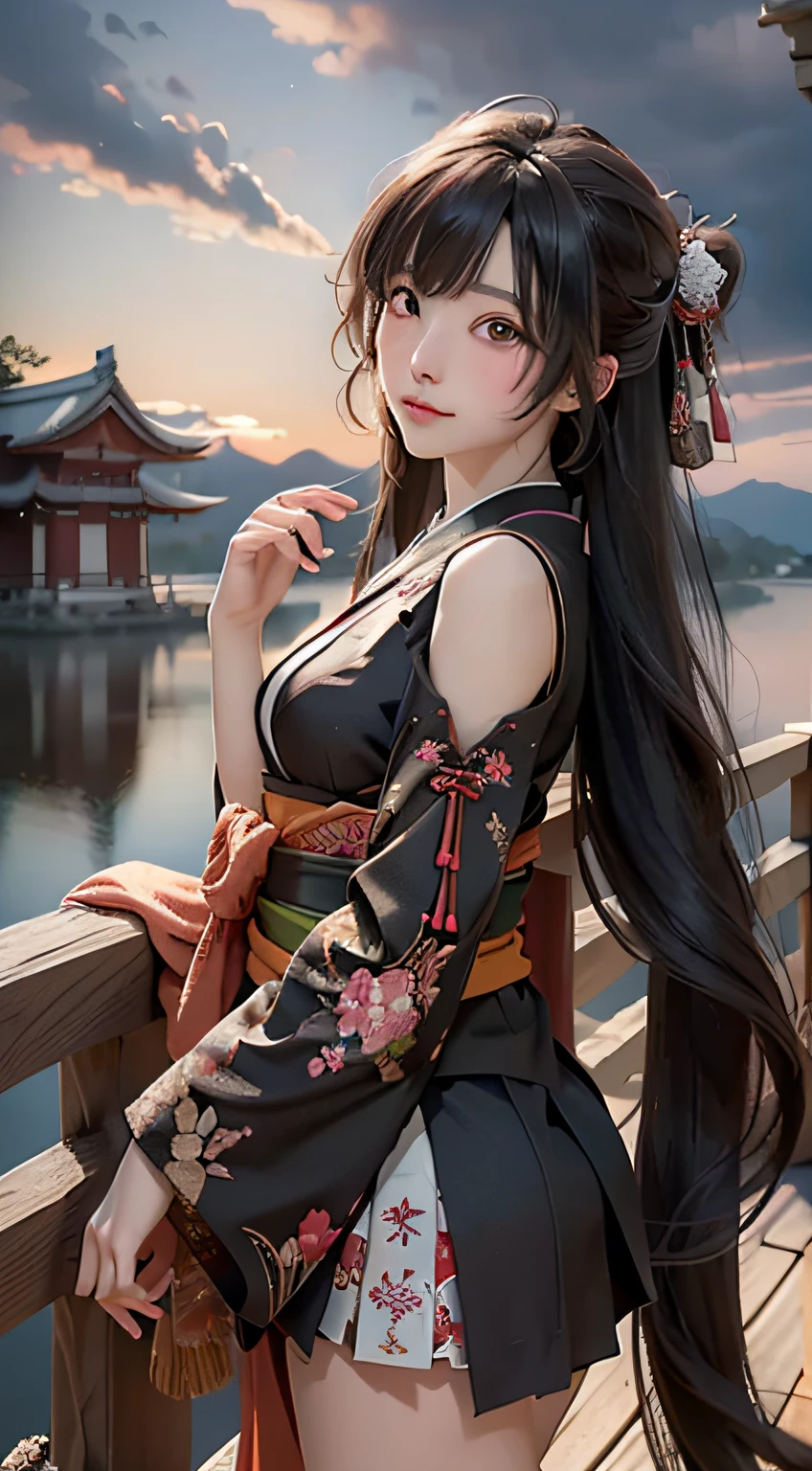 Official art, 统一 8k 壁纸, ultra-detailliert, Beautifully Aesthetic, masterpiece, top-quality, (Zentangle, Tangles, Entanglement), (Fractal Art: 1.4), 1girl in, A dark-haired, japanse, bare shoulders, a short skirt, Calf, ighly detailed, dynamic ungle, cowboy shot, (The most beautiful forms of chaos), A flowing, (bright colour), nffsw, (half: 1.2), japanese-inspired, (Tanka Flying Sky: 1.5), (bow ribbon: 1.3), (Dreams: 1.5), (A Japanese style: 1.5), Japan Phoenix、(A smile:0.5)、(japanese god)、