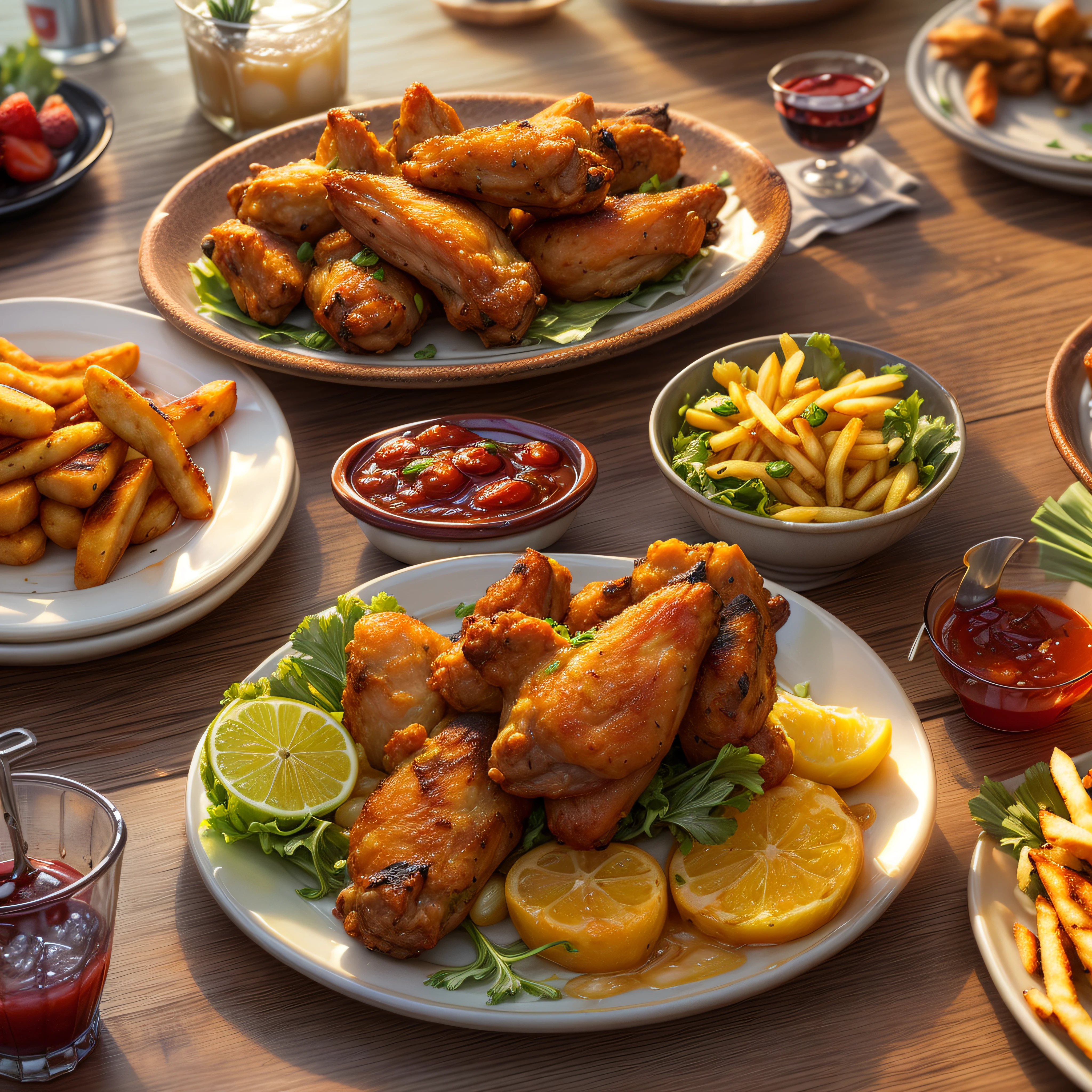 (Full Focus:1.5),(Placed on the dining table, Orleans grilled chicken wings|hamburger|lewd juice|french fries|Fried chicken nuggets|plates of fruit:1.2), ray tracing, masterpiece, super detail, high details, high quality, best quality, highres