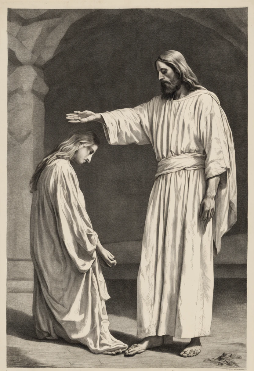 A imagem mostra Jesus Cristo, Dress in a white tunic, Standing in an open place. He's looking at a woman who's slumped on his feet. The woman is dressed in a simple dress, and his face is hidden in his hands.
Jesus is extending his right hand to the woman. His hand is big and strong, com dedos longos e bem proporcionados. The skin is clear and smooth, with visible veins. The hand is illuminated by a soft light, que vem de cima.
Jesus' hand is extended to the woman in a welcoming gesture. Fingers are open and relaxed, como se convidando-a a se levantar. The palm of the hand is facing upwards, como se oferecendo.
The woman has her eyes closed, But your body is relaxed. Ela parece estar esperando algo.
The background of the image is dark, so that attention is focused on the scene. the image is realistic, but it also conveys a sense of peace and hope.
Image details
Jesus Christ is dressed in a white robe.
The woman is dressed in a simple dress.
The woman is slumped on her feet.
Jesus is extending his right hand to the woman.
Jesus' hand is big and strong, com dedos longos e bem proporcionados.
Jesus' hand is extended to the woman in a welcoming gesture.
The background of the image is dark.
Meaning of the image
The image of Jesus Christ reaching out to a woman who is lying at her feet is a symbol of love and compassion. Jesus is inviting the woman to stand up, a se sentir segura e amada. The woman is expecting something, and Jesus is there to give you that.
A imagem pode ser interpretada de muitas maneiras diferentes. Para algumas pessoas, ela pode representar o amor de Deus para com todos os seres humanos. Para outras, pode representar o amor de Jesus Cristo para com os pecadores e os necessitados. Ainda para outras, pode representar o amor de um amigo ou de um familiar.
Regardless of interpretation, the image is a reminder that we are loved and welcomed by God.