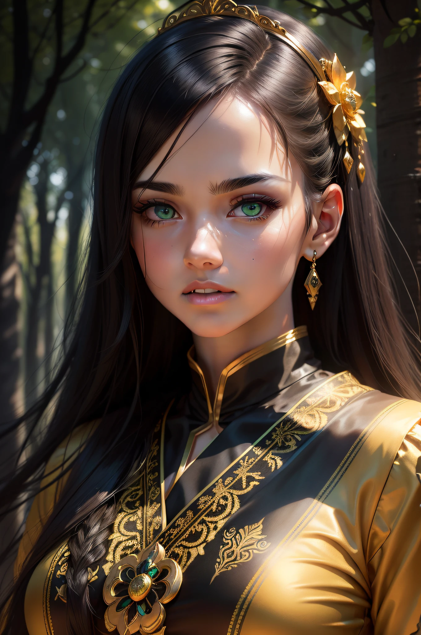(masterpiece), best quality, expressive eyes, perfect face. stunning model wears golden dress, expressive green eyes, long straight black hair, cute face, traditional colors, vivid and rich colors, bright studio light, ultra-high contrast, dark forest in background, professional, realistic, niji style, vray tracing style, cinematic photorealism, bokeh, portrait, 32k, intricately detailed face, highly details, dslr