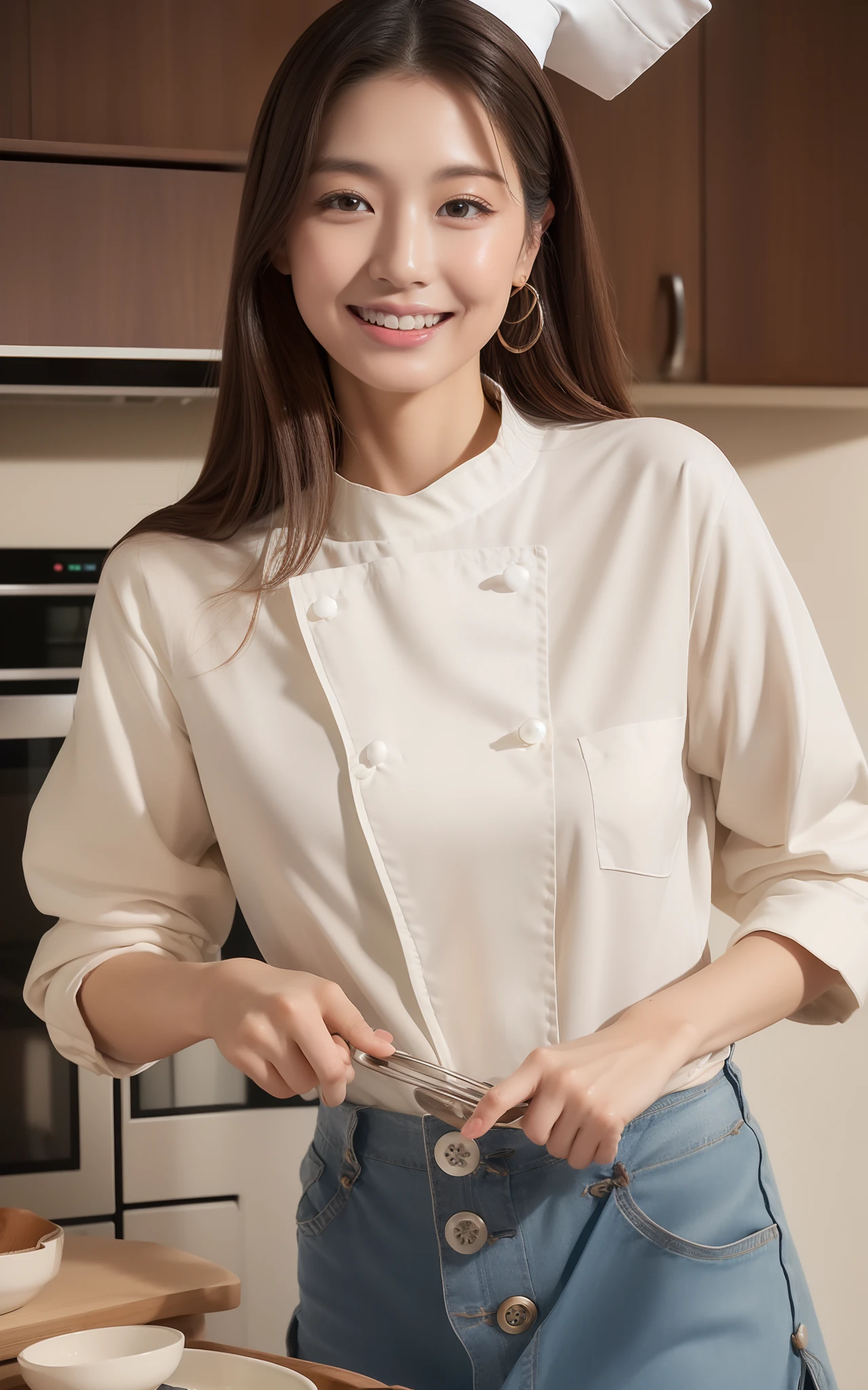 ((top-quality、in 8K、​masterpiece:1.3、超A high resolution))、(Clear focus:1.4)、BREAK、A Japanese Lady、cute little、1 persons、full body Esbian、light skinned、((dark brown  hair))、straight haired、Break HA、(Detailed fabrics、Detailed fabrics、Casual button-down shirt:1.5)、Break HA、Charm Bracelet、Break HA、Super fine face、A detailed eye、Narrow-eyed、Moisturized eyes、二重まぶた、Break HA、Reddish cheeks、Detailed skin、Sweating、Lustrous skin、glowy skin、Shine skin、Shaded skin、glowy skin、Wearing makeup、Break HA、Detailed lips、ruddy lips、Laughing、Break HA、(Colossal tits:1.1)、Beautiful leg line、looking in camera、BREAK、(细致背景:1.1、Cooking Classes:1.8)、Natural lighting