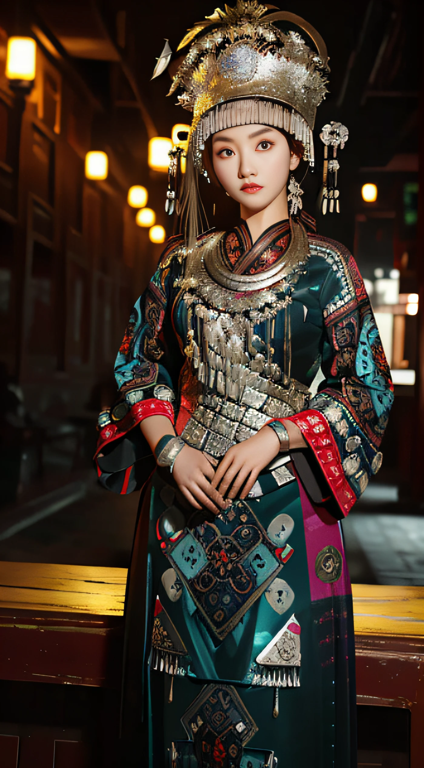 A Hmong，a beauty girl，are standing，Tall and tall，Big eyes melon seed face，Pretty and charming，Peugeot  features