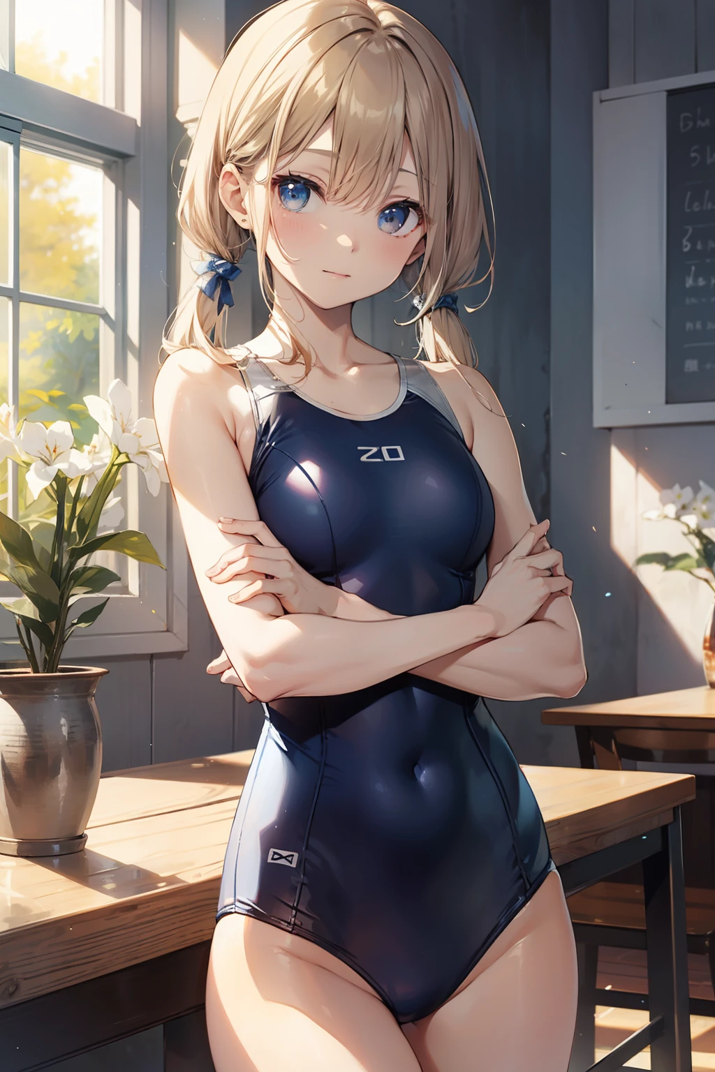 top-quality、Full limbs、complete fingers、goddes、god、Slender beauty、straight haired、Twin-tailed、knee high、Blue school swimsuit、Small eyes