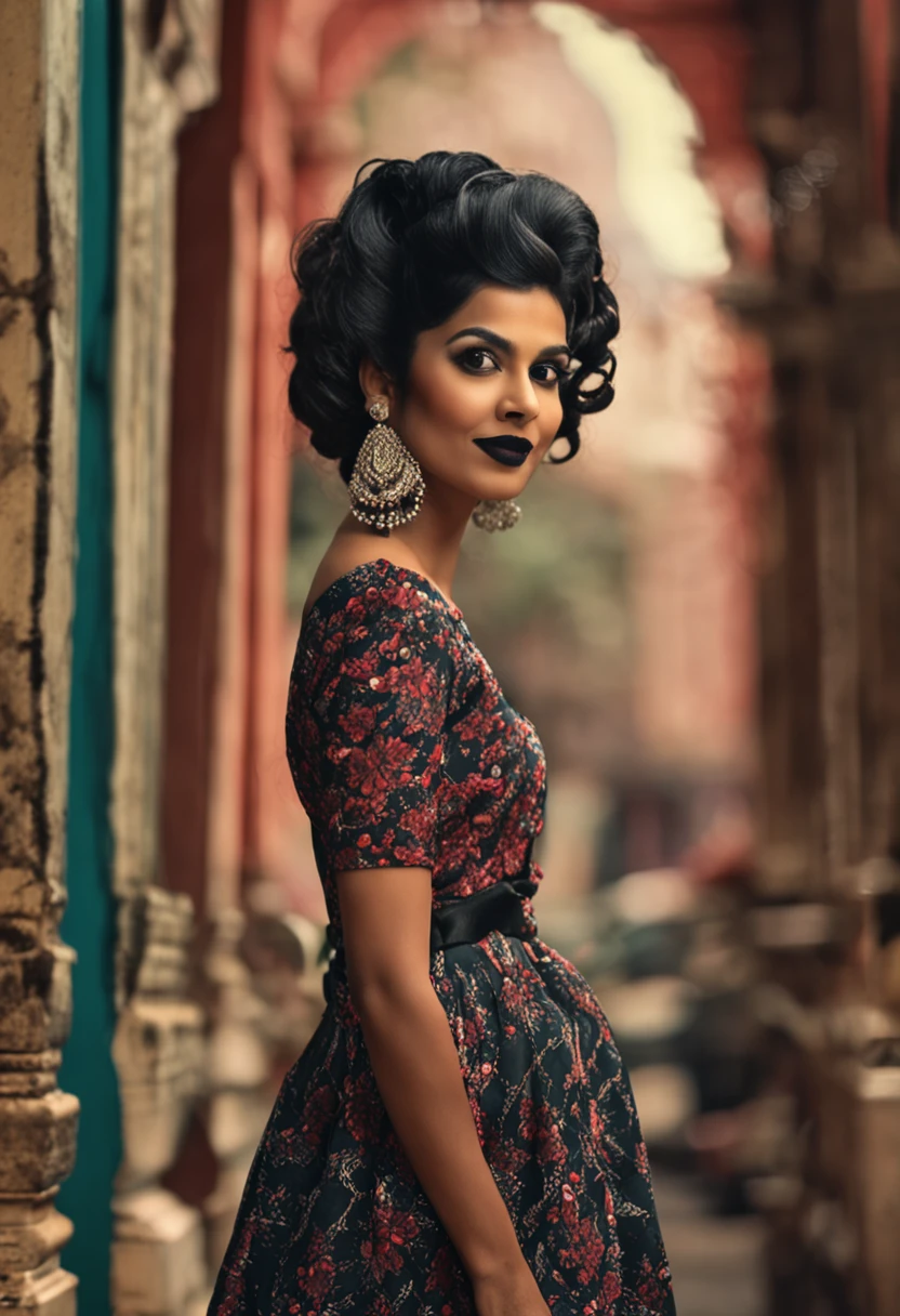 panoramic long shot of a beautiful south asian girl, dynamic pose, old classic , wavy black hair, 50s pin up style, intricate, detailed, DSLR camera , 8K UHD, deep blacks, post processing, nubian nose, protruding teeth, prominent mamary glands