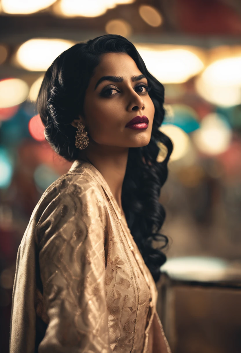 panoramic long shot of a beautiful south asian girl, dynamic pose, old classic , wavy black hair, 50s pin up style, intricate, detailed, DSLR camera , 8K UHD, deep blacks, post processing, nubian nose, protruding teeth, prominent mamary glands