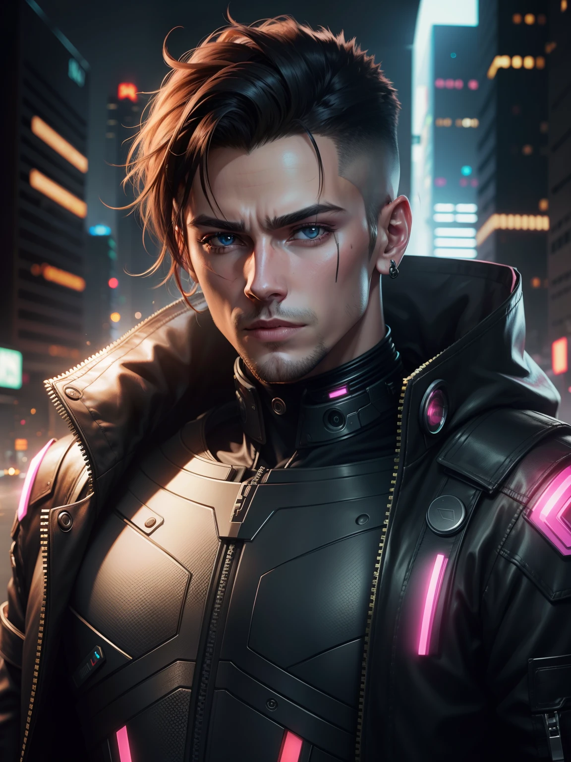 Change background cyberpunk handsome boy, realistic face, 8k, ultra realistic,