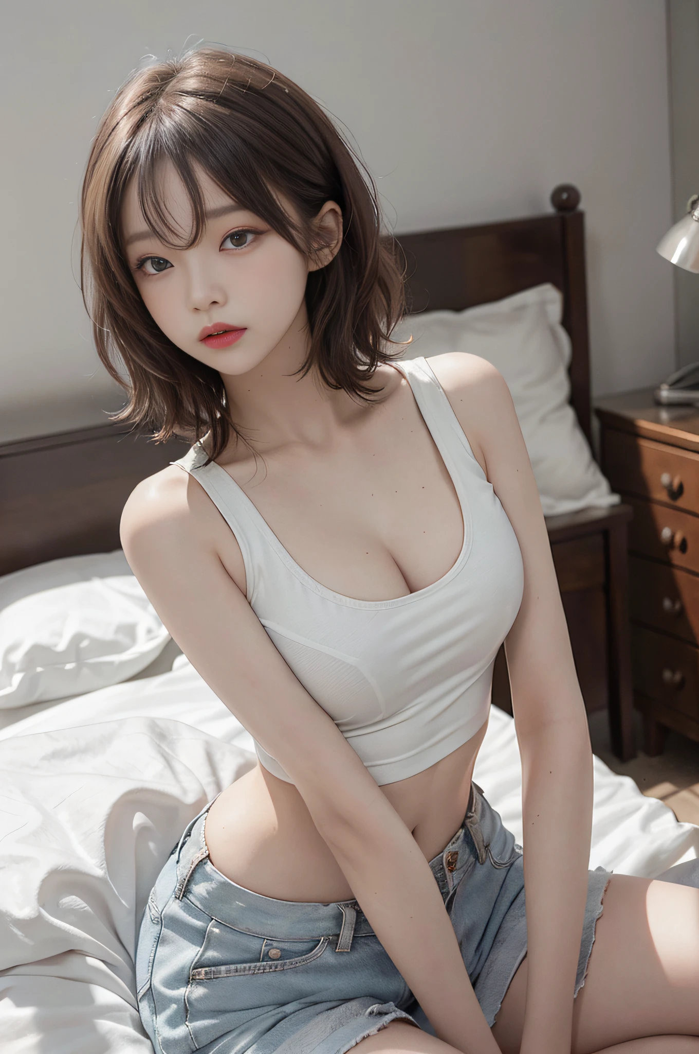 Top image quality、Raw photography、超A high resolution、An 18-year-old woman、Shooting for one person only、modelshoot、big round chest、cleavage of the breast、Tank Tops、short trousers of black color、Beautiful Eyes of Details、very elongated eyes、Beautiful eyelashes、Beautiful double eyelids、white walls、very slender legs、Shorthair with light brown hair、very slender physique、Very small buttocks