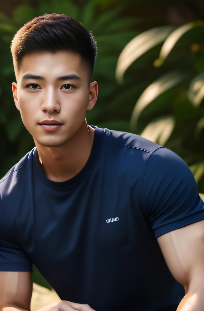 Man in his 20s poses for a photo, Wear a navy shirt....., high-res, master-piece, bestquality, head:1.3,((Hasselblad photography)), finely detailed skin, crisp focus, (Cinematic lighting), nighttime, gentle lighting, dynamic angle, [:(detailed face:1.2):0.2],(((exercise))), outside