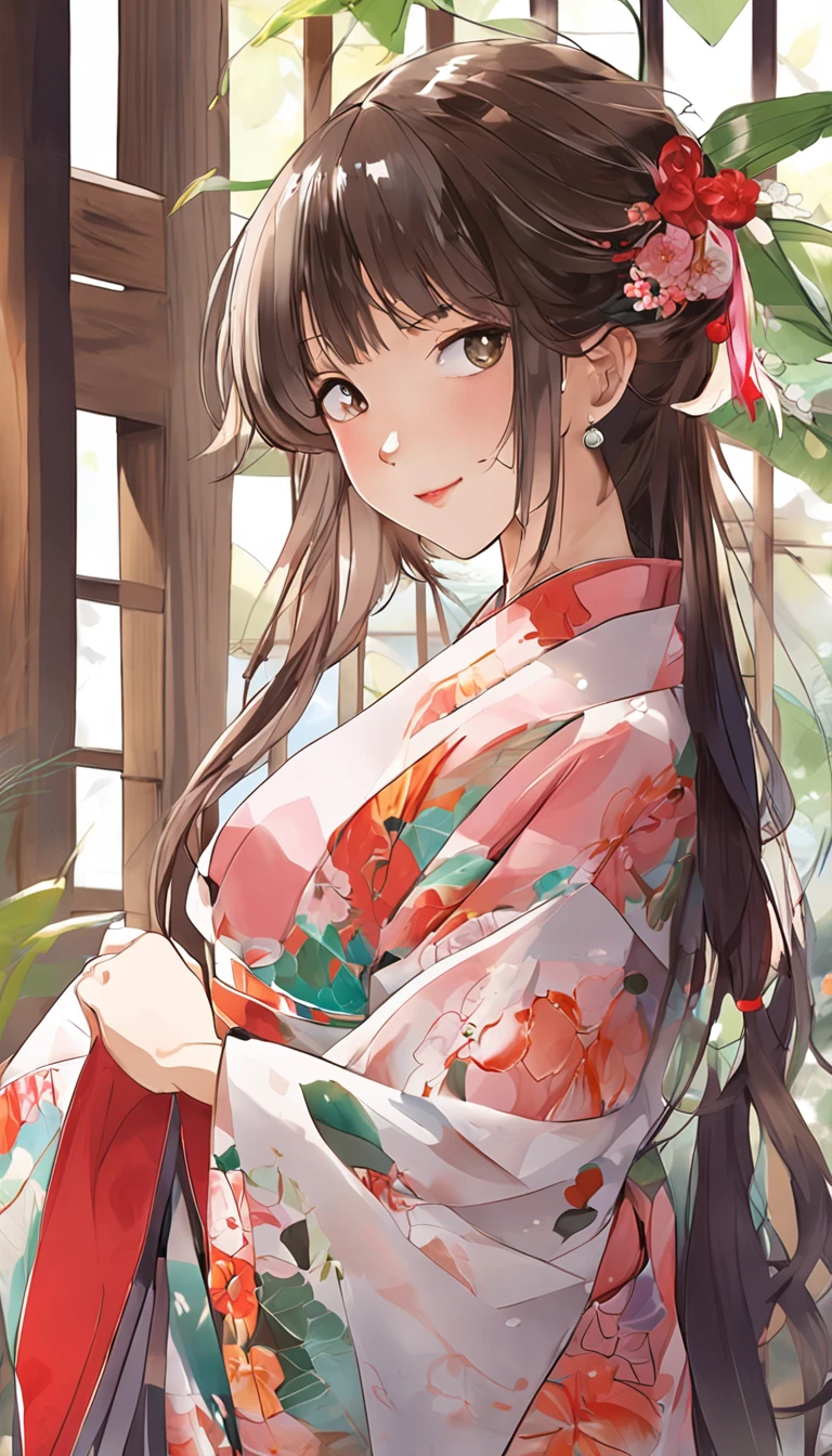 ((Yukata)),eye glass，innocent smiles，ancient city，veranda，wind chime，(1girl in, Solo:1.6),(Best Impact:1.5), (maximalism:1.7),Vivid contrast, (Realistic), hyperrealistic illustrations, hight resolution, ultra-detailliert, absurderes,(Fractal Art:1.3)、Random hairstyle、Random hair color colorful、Iridescent eyes、FULL BODYSHOT、Retro、Precise focus、randome pose、cinema4d、Drama