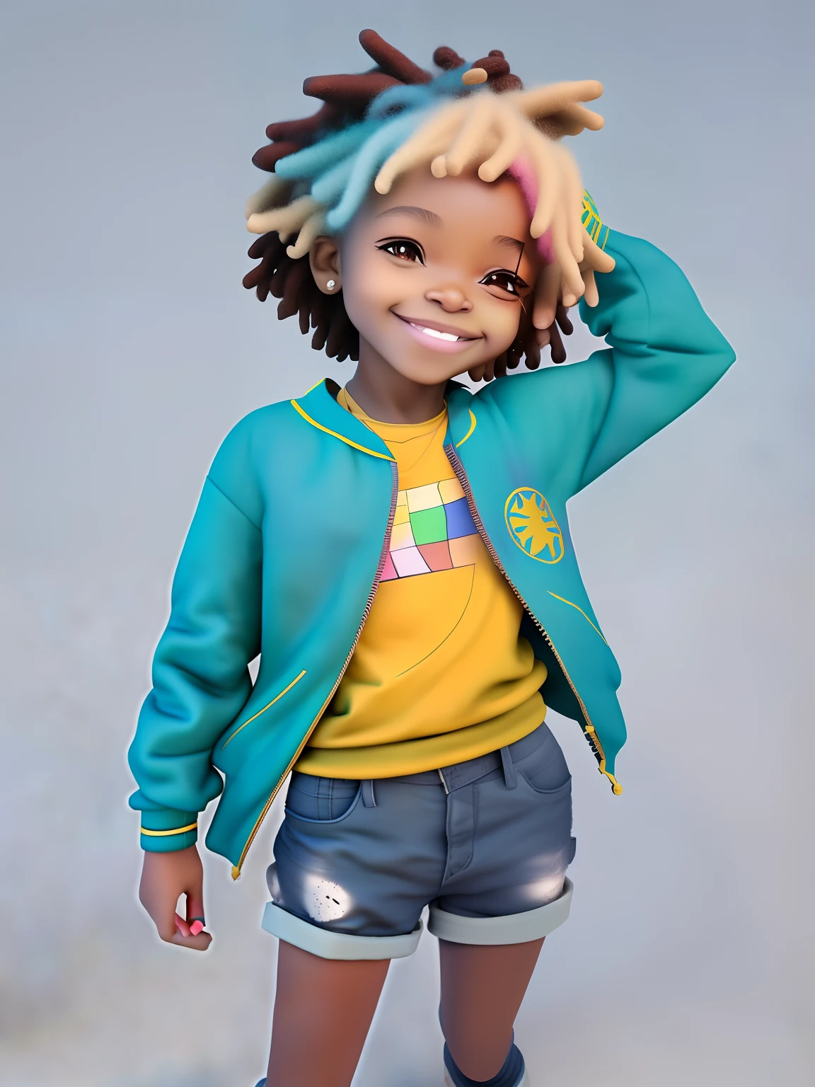 arafed with dreadlocks and a yellow shirt posing for a picture, childrens art in artstation, youthful taliyah, adorable digital painting, cute 3 d render, super cute funky black girl, light skinned african young girl, realistic maya, maya render, maxwell render, cartoon style illustration, high quality portrait, with teal clothes, realistic clothing, arnold maya render