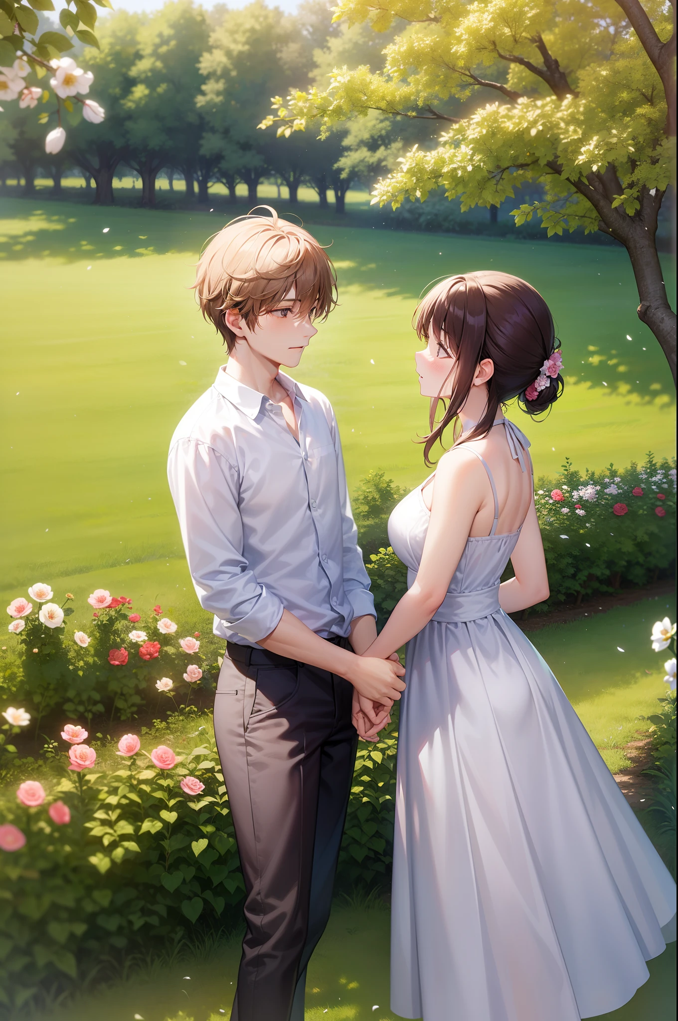 A passionate quarrel unfolds between two couples in a charming countryside setting, amidst a vibrant apple orchard in full bloom, petals drifting in the breeze, the afternoon sun casting a warm glow on their faces, capturing the intensity of their words and gestures, Photography