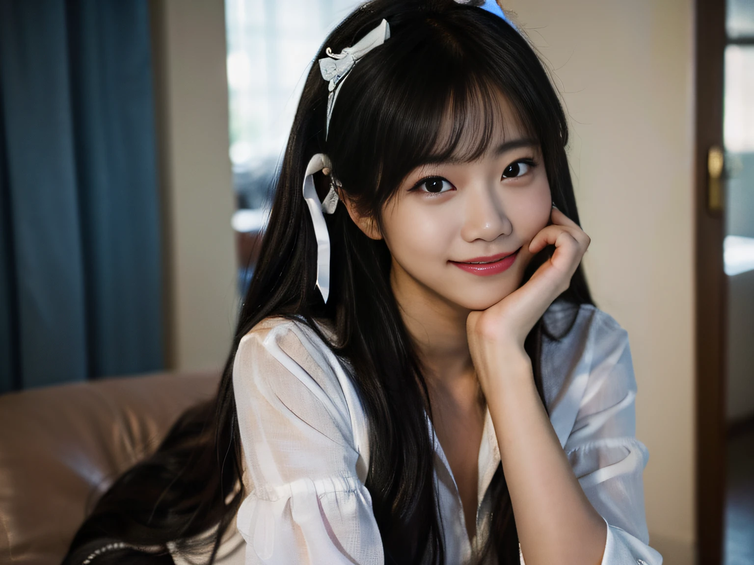 one-girl，long hair, black hair, hair ribbon, smile, depth of field, 135mm, Canon, f/1.2, UHD, retina, masterpiece, 4K, highres, high quality, high details, super detail, best quality