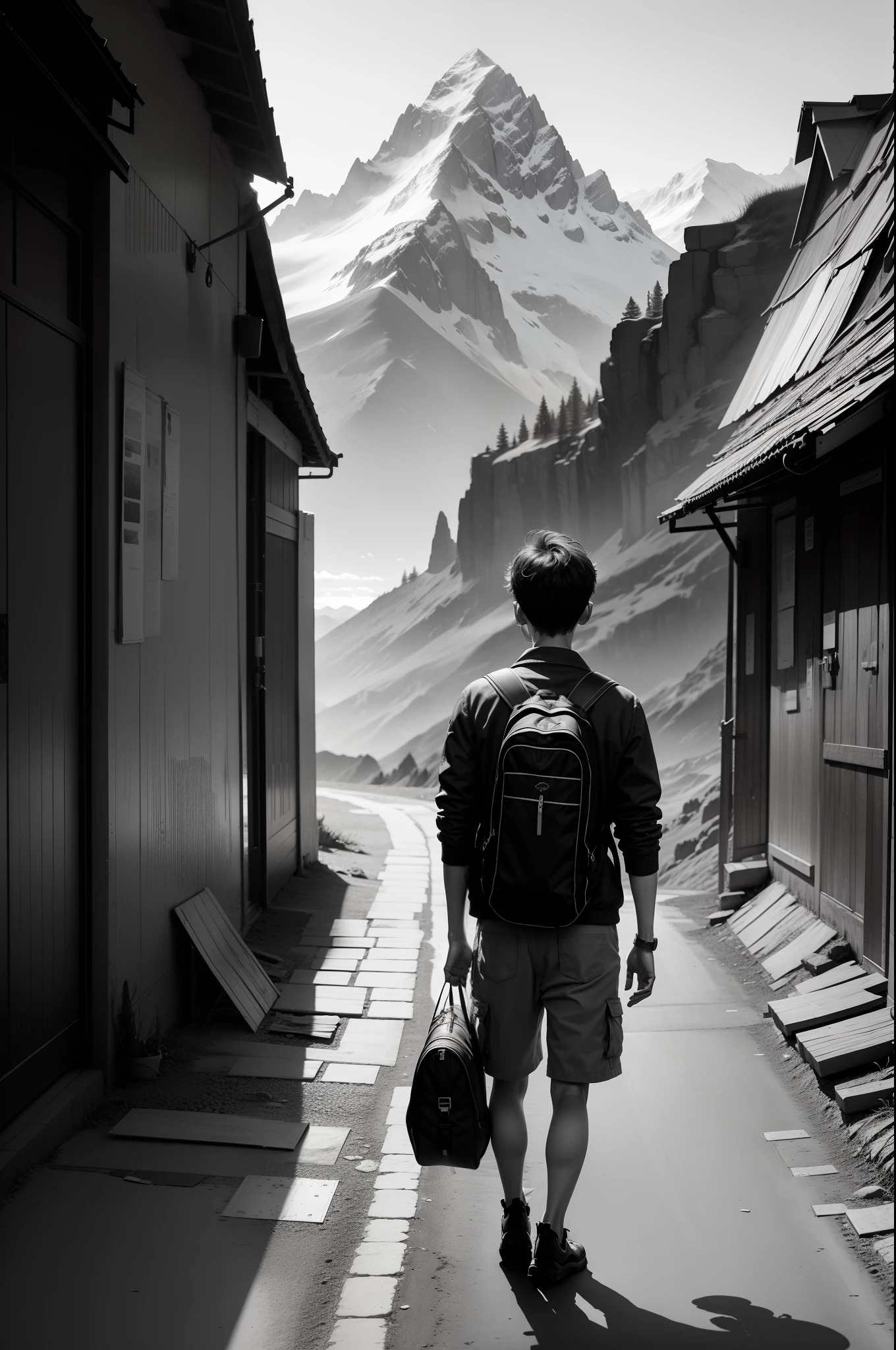 boy seeing mountain with bag and travelling kit black and white