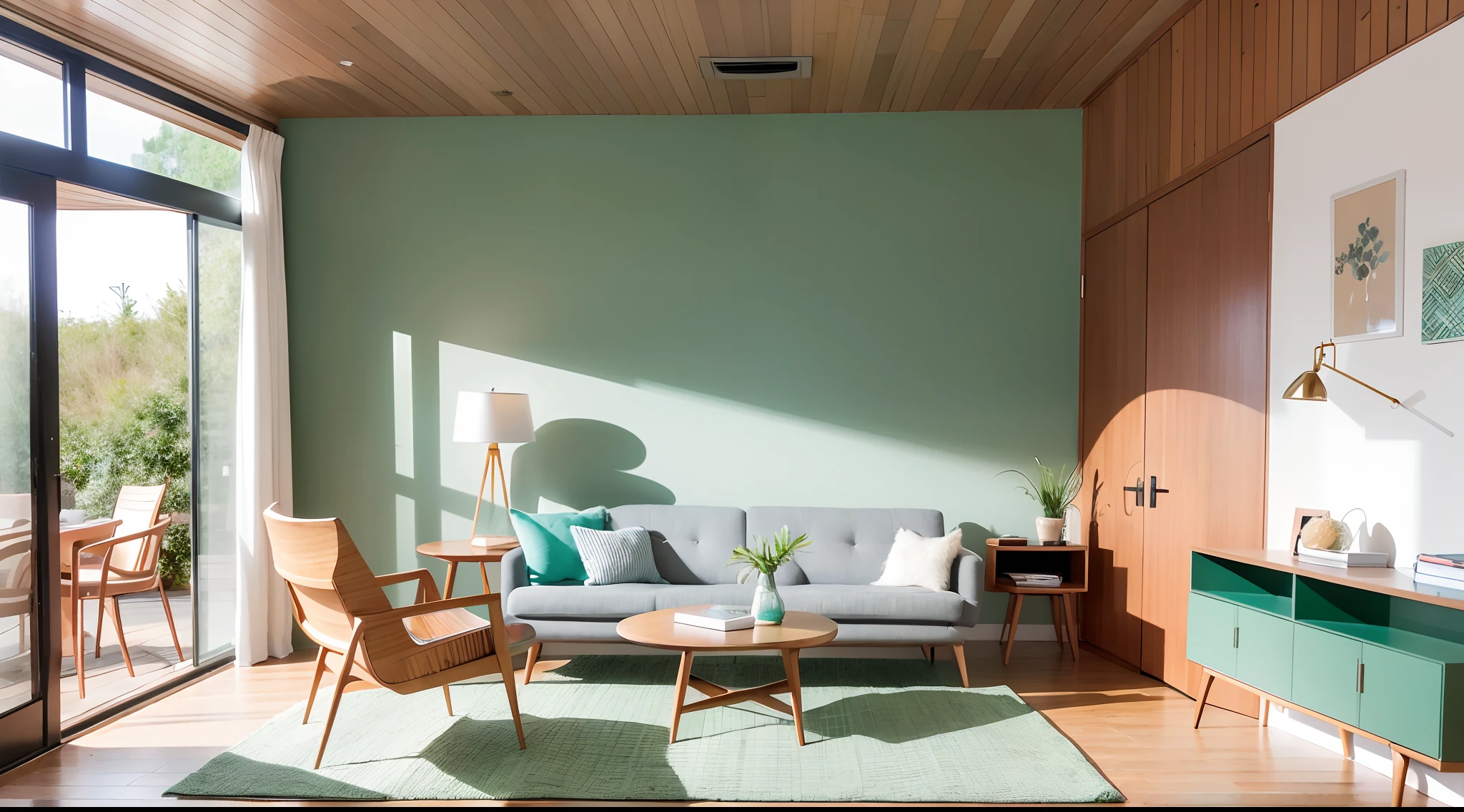 An inviting mid-century modern living room showcasing a mint color chair arrangement around a round wooden dining table. The subtle mint tones harmonize with the natural wood elements, exuding warmth and comfort against a soothing green wall.Canon EOS R6 with 24-70mm f/2.8 lens, natural sunlight, urban lifestyle photography.